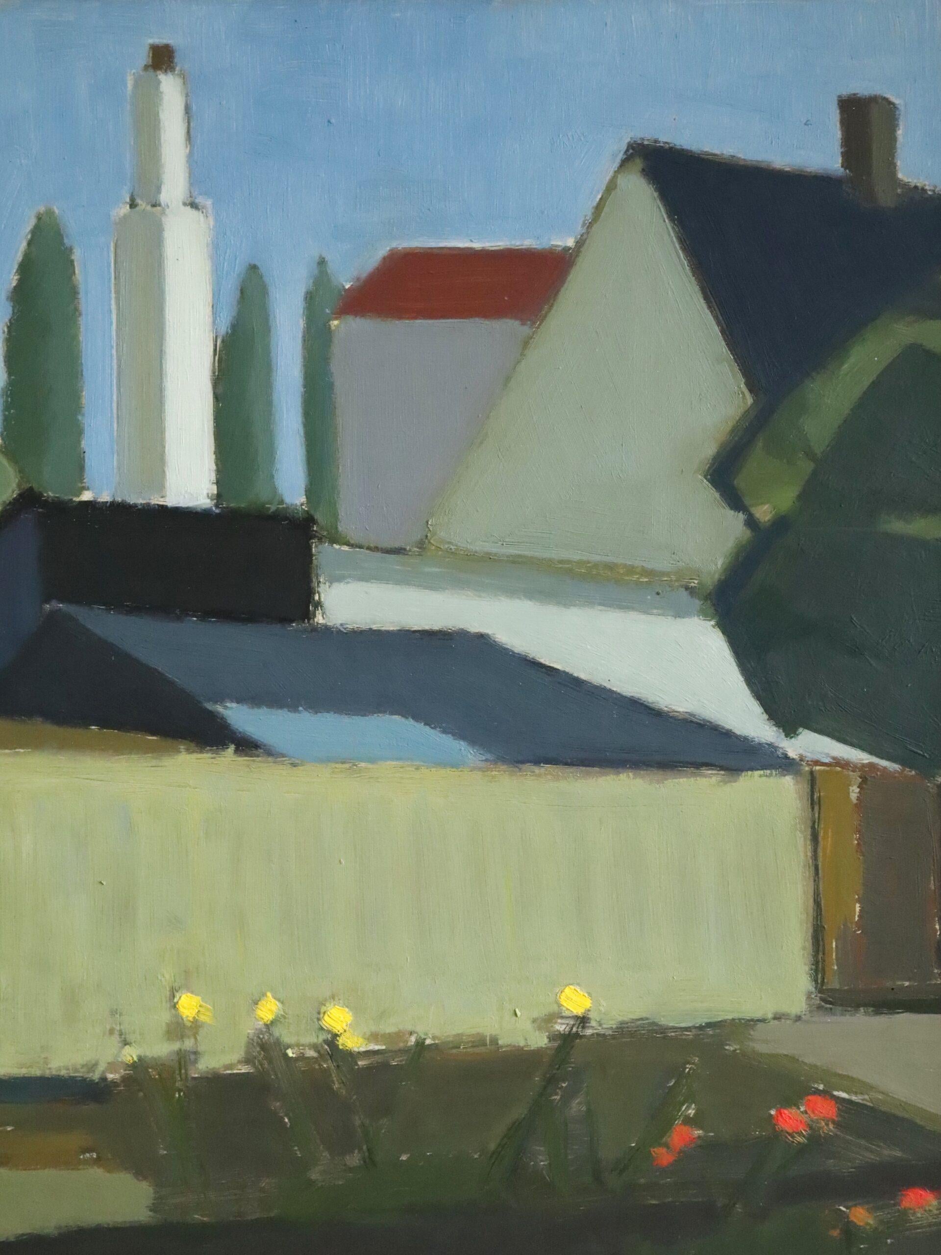1955 Mid Century Modern Vintage Landscape Oil Painting - Chimneys & Cypress For Sale 6