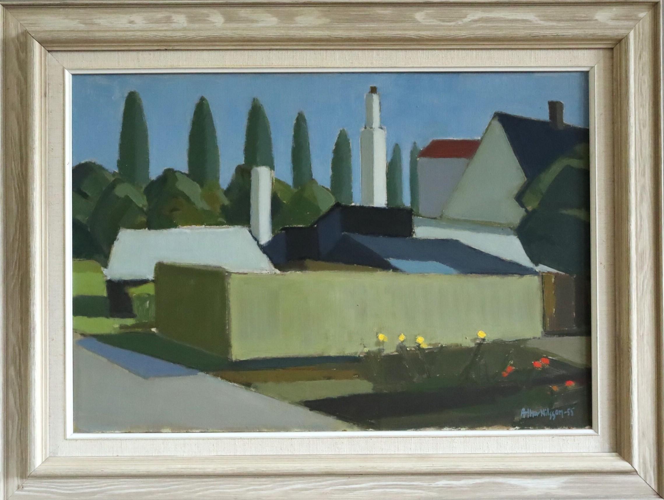 Unknown Landscape Painting - 1955 Mid Century Modern Vintage Landscape Oil Painting - Chimneys & Cypress