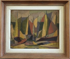 1955 Modernist Swedish Abstract Cubist Landscape Oil Painting - Woodland Rhythm