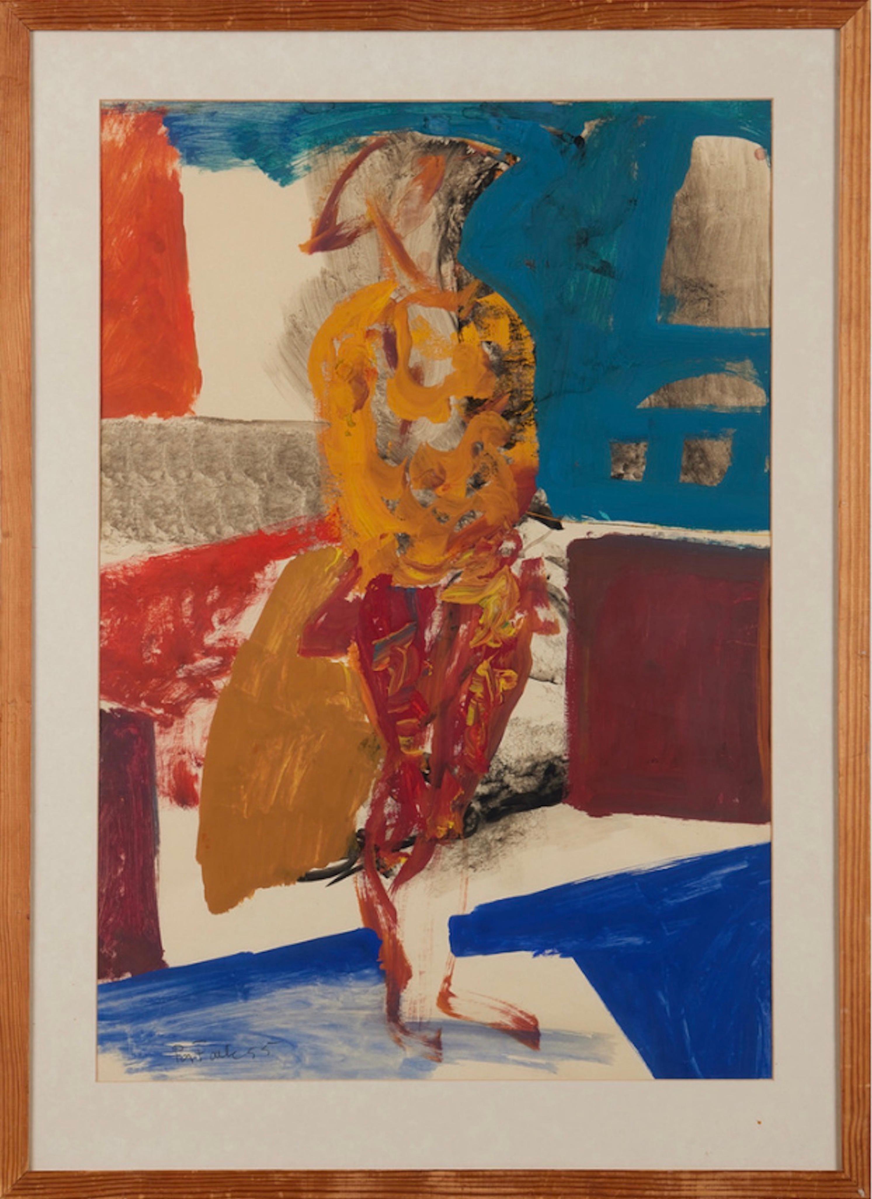 Unknown Figurative Painting - 1955 Vintage Framed Abstract Figurative Gouache Painting - The Matador