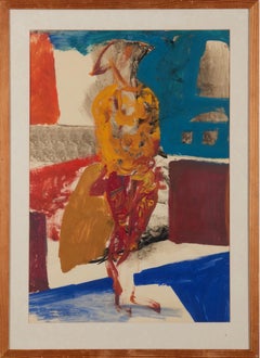 1955 Vintage Framed Abstract Figurative Gouache Painting - The Matador