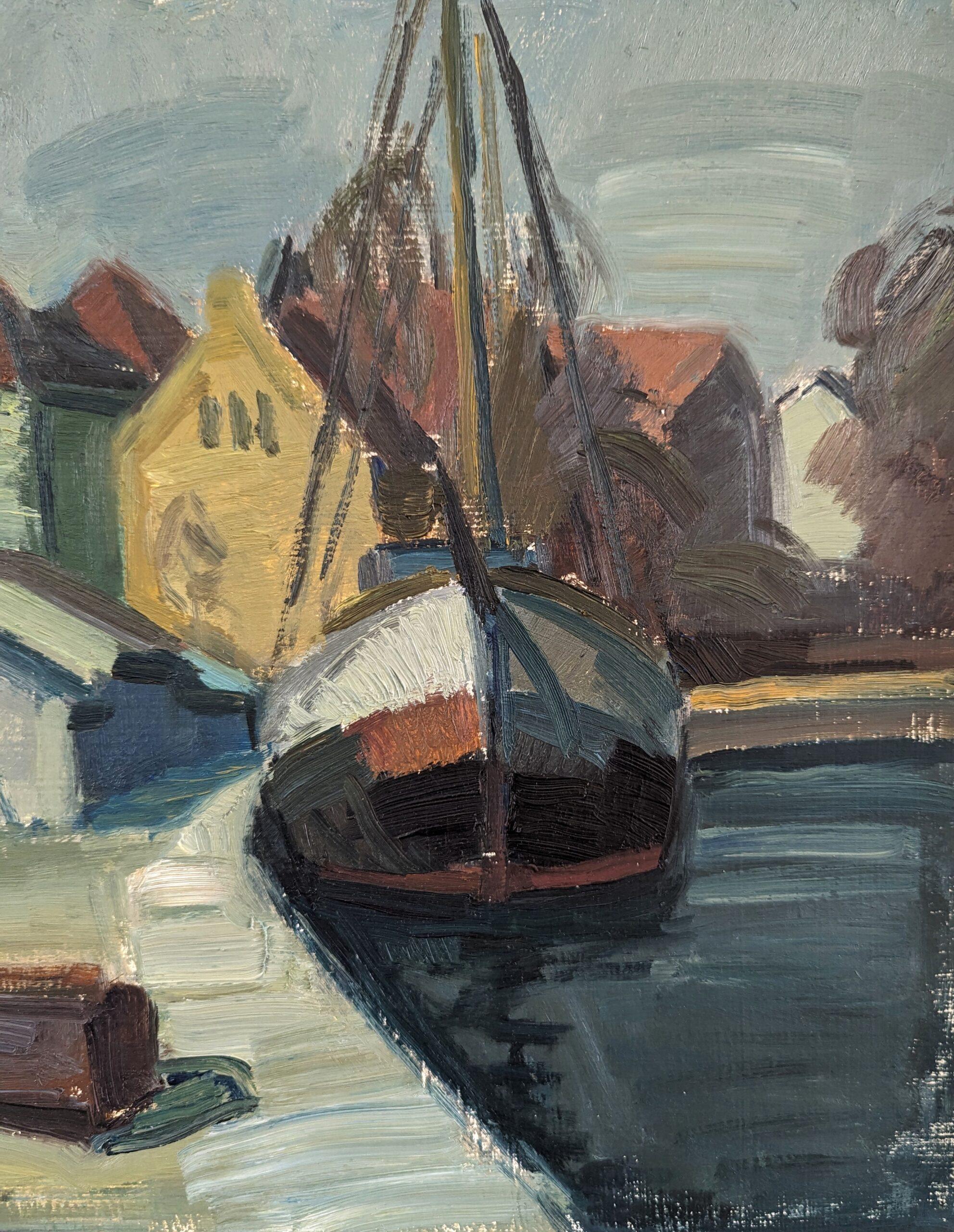 1955 Vintage Paisaje modernista de mediados de siglo Pintura al óleo - Casas junto al puerto 5