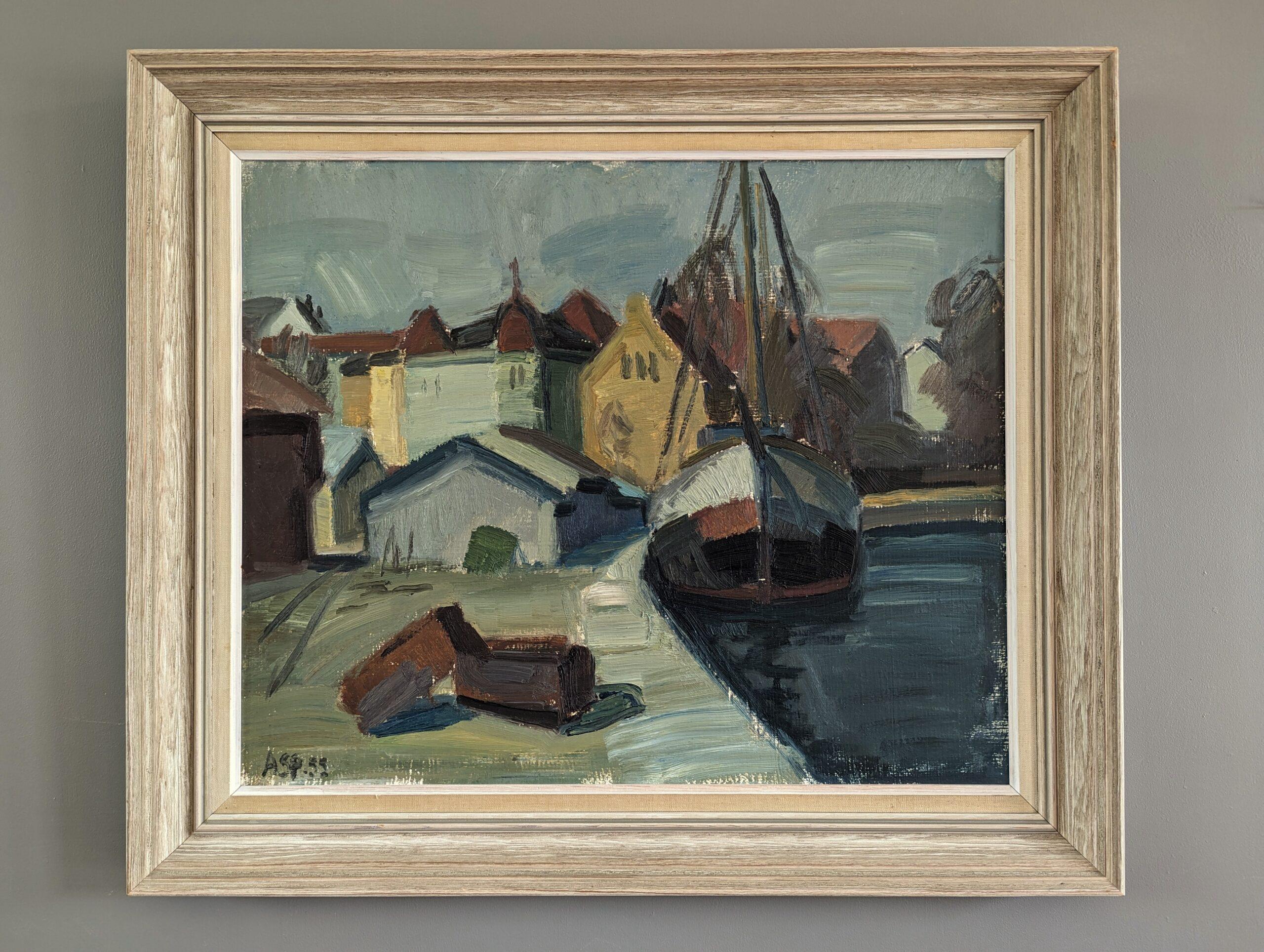 1955 Vintage Paisaje modernista de mediados de siglo Pintura al óleo - Casas junto al puerto - Painting de Unknown