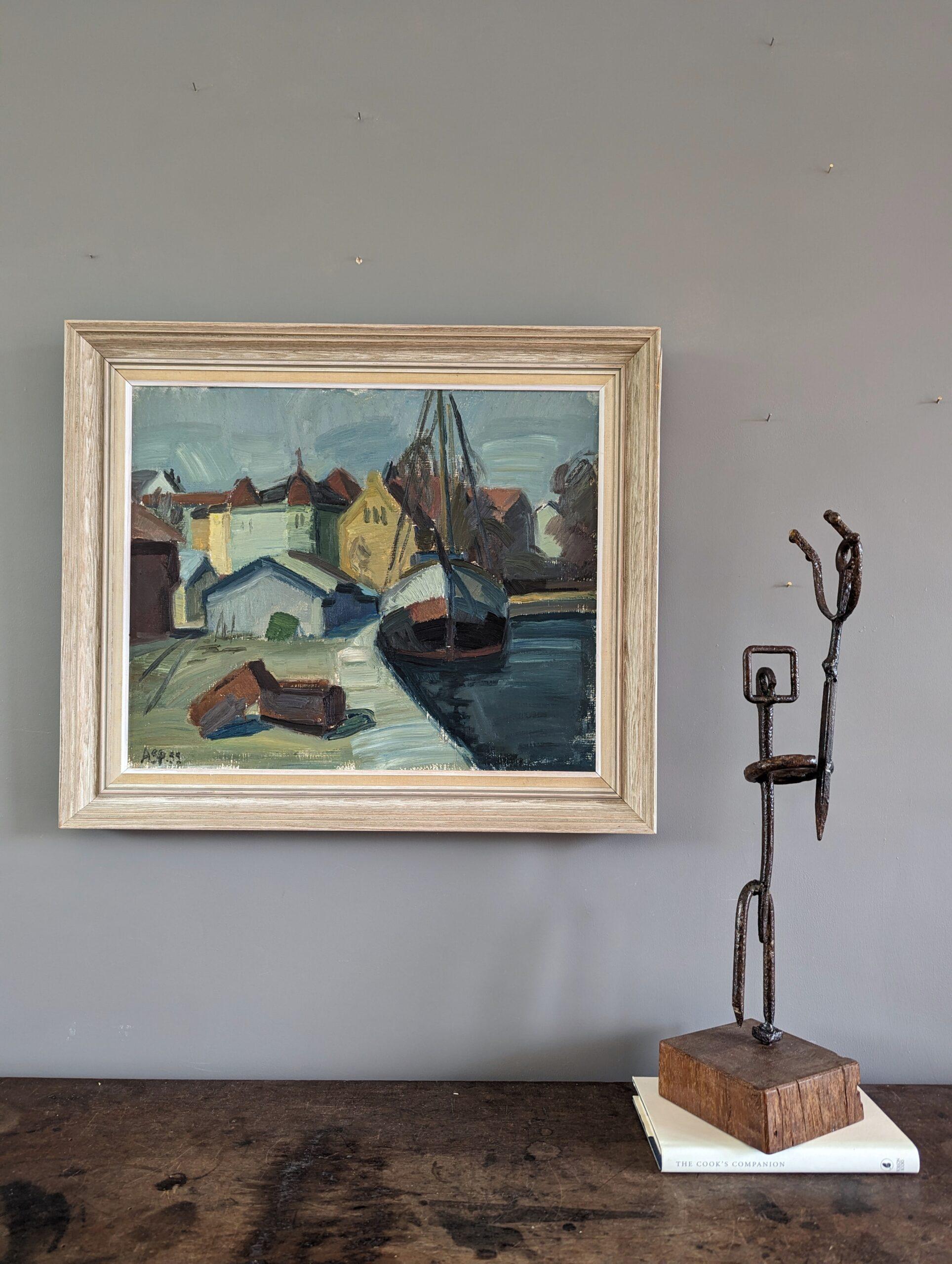 1955 Vintage Paisaje modernista de mediados de siglo Pintura al óleo - Casas junto al puerto - Painting Moderno de Unknown
