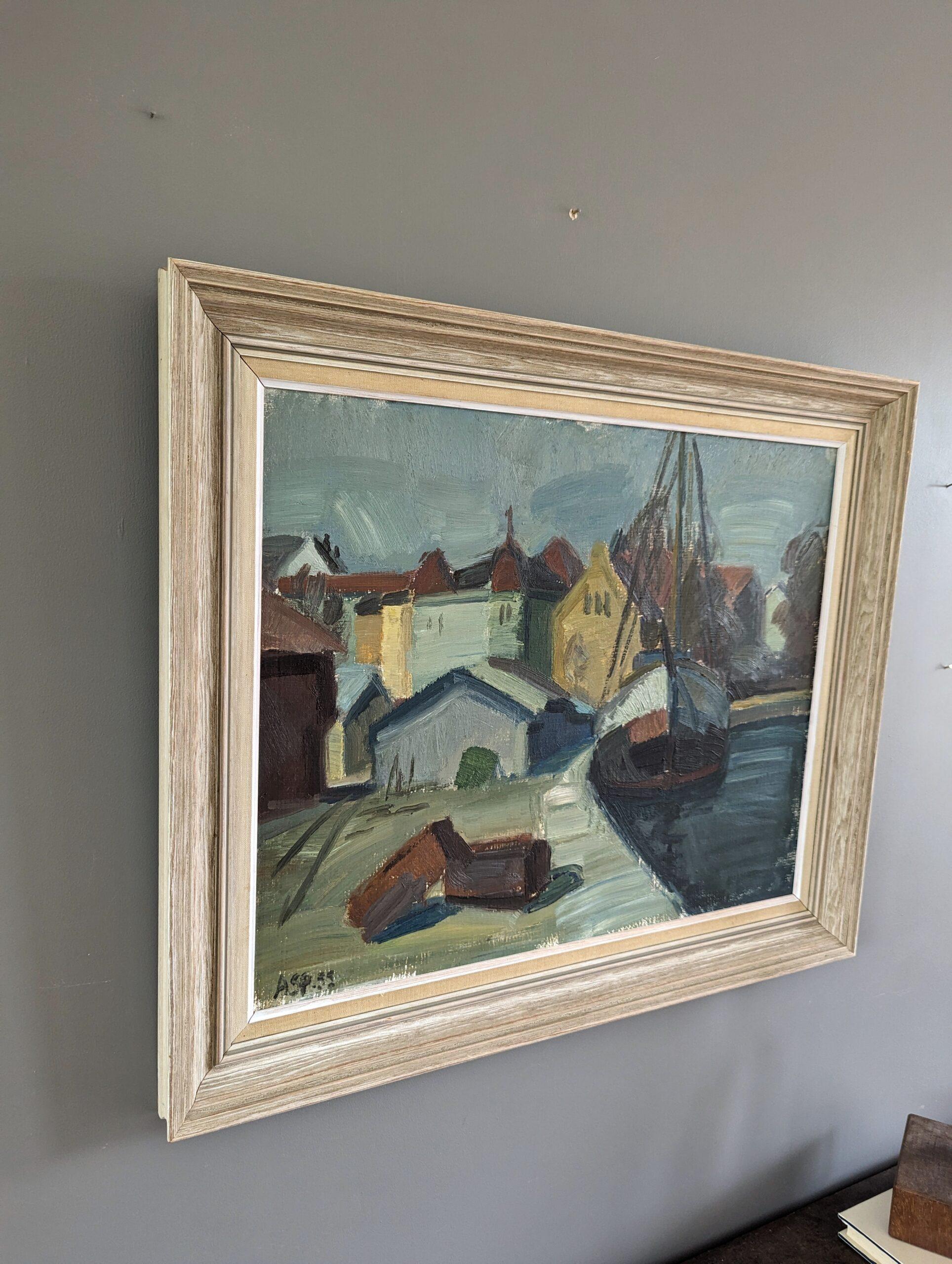 1955 Vintage Paisaje modernista de mediados de siglo Pintura al óleo - Casas junto al puerto - Landscape Painting Marrón de Unknown