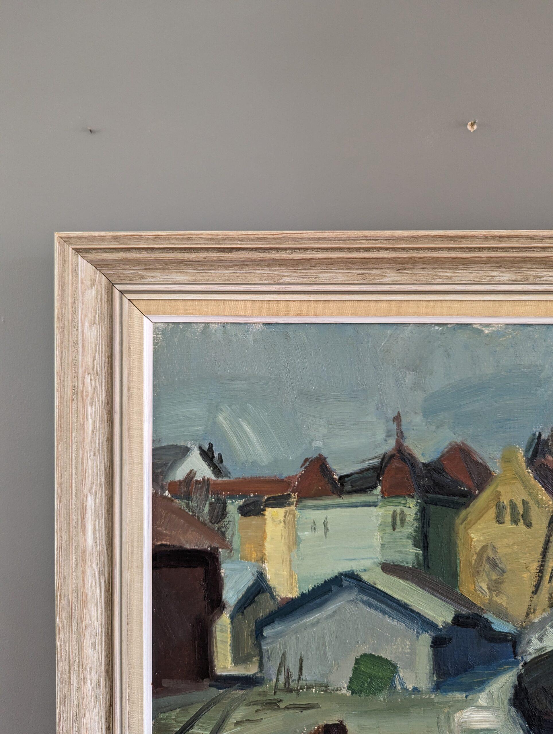 1955 Vintage Paisaje modernista de mediados de siglo Pintura al óleo - Casas junto al puerto 1