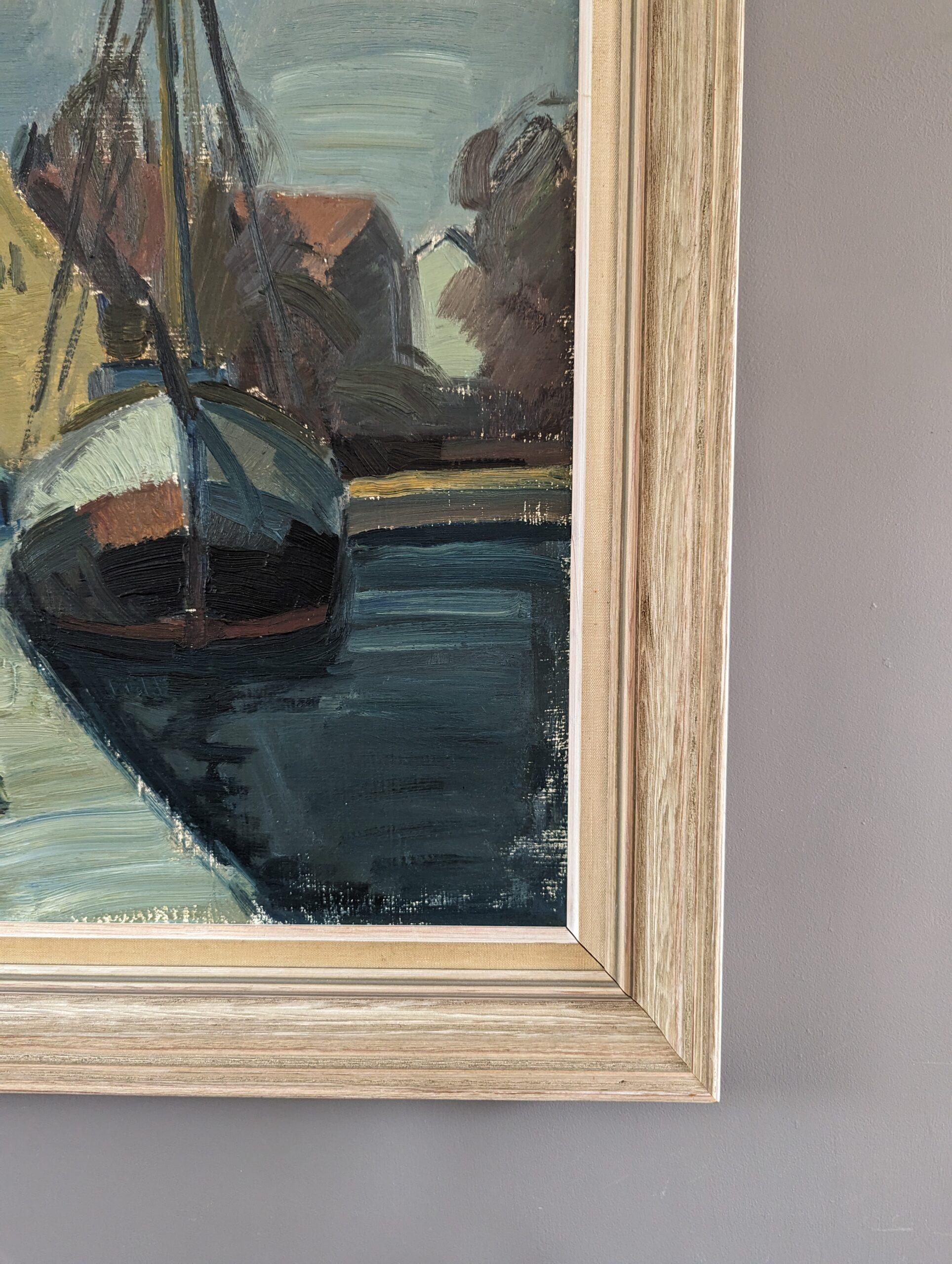 1955 Vintage Paisaje modernista de mediados de siglo Pintura al óleo - Casas junto al puerto 2