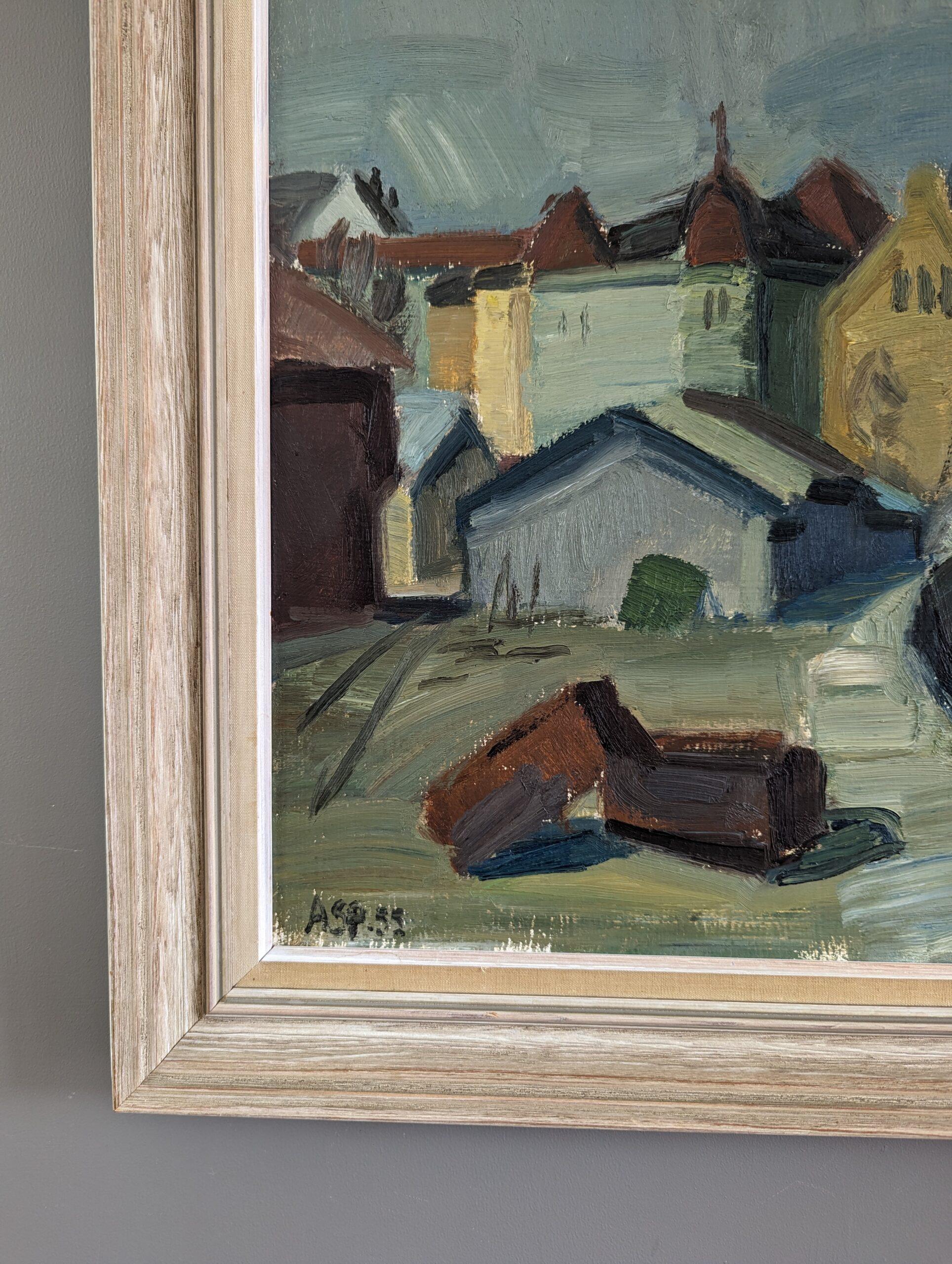 1955 Vintage Paisaje modernista de mediados de siglo Pintura al óleo - Casas junto al puerto 3