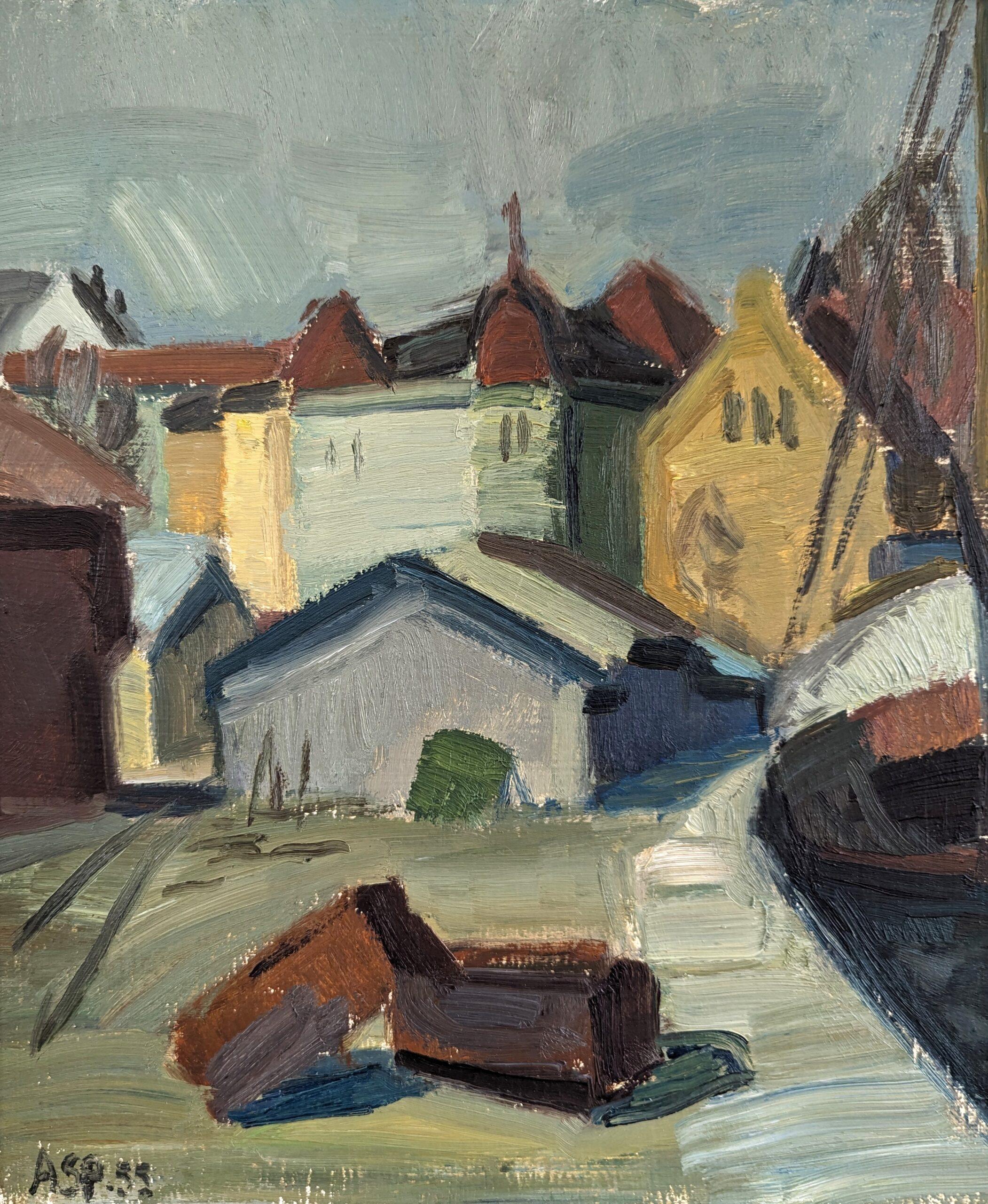 1955 Vintage Paisaje modernista de mediados de siglo Pintura al óleo - Casas junto al puerto 4