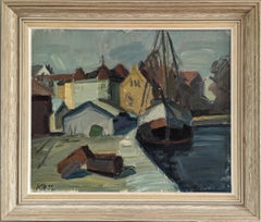 1955 Vintage Paisaje modernista de mediados de siglo Pintura al óleo - Casas junto al puerto