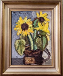 1955 Vintage Mid-Century Swedish Floral Still Life Oil Painting - Sunflowers