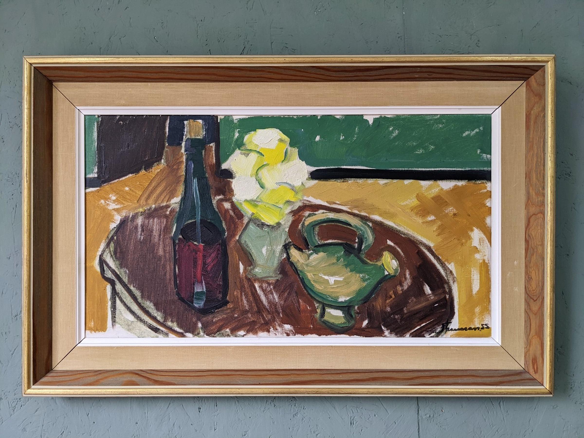 HOMELY REMINISCE
Size: 51 x 79 cm (including frame)
Oil on canvas

An expressive and brilliantly executed mid-century still life composition, executed in oil onto canvas and dated 1955.

The painting presents an interior scene that centers around a