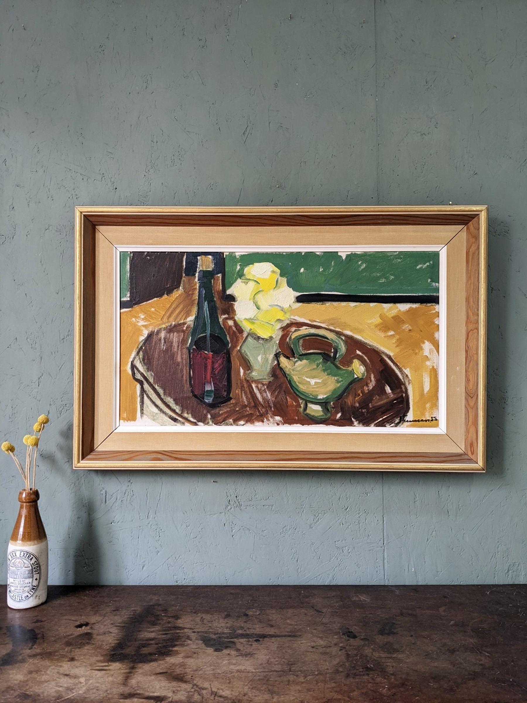 1955 Vintage Mid-Century Swedish  Still Life Oil Painting - Homely Reminisce 1