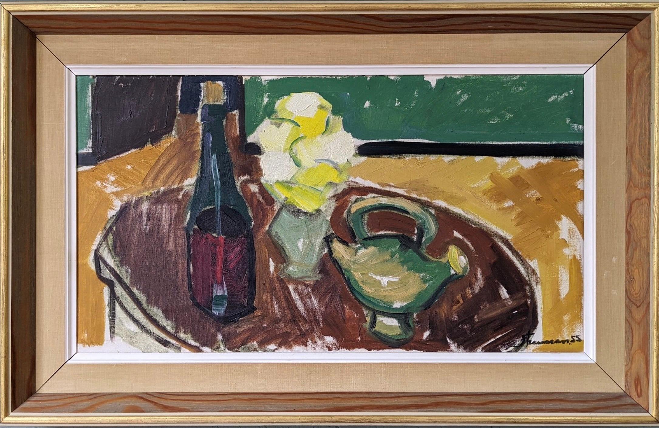 Unknown Still-Life Painting - 1955 Vintage Mid-Century Swedish  Still Life Oil Painting - Homely Reminisce
