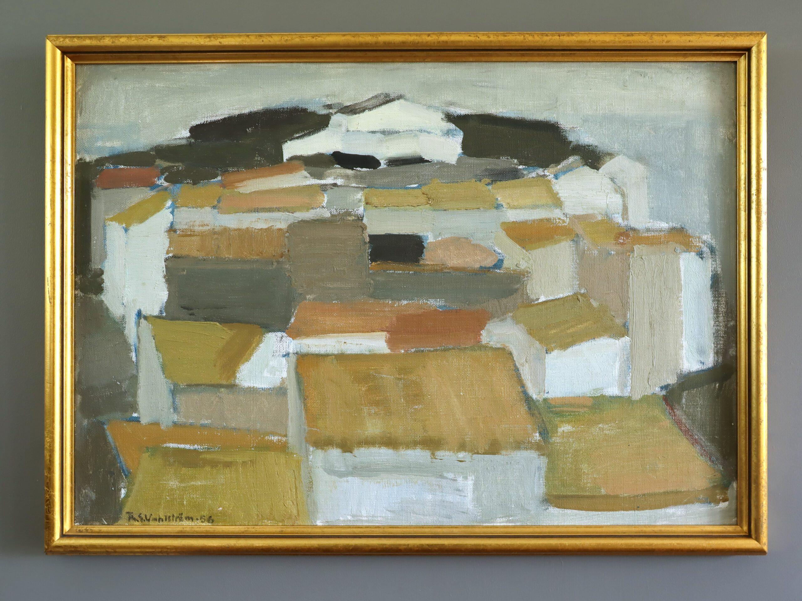 1956 Mid Century Modern Abstrakte Landschaft Ölgemälde - Townes of Cadaques – Painting von Unknown