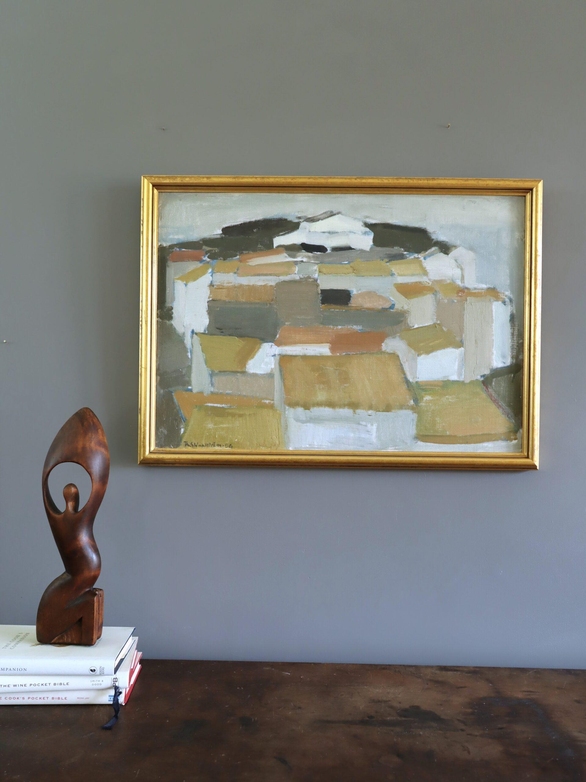 1956 Mid Century Modern Abstrakte Landschaft Ölgemälde - Townes of Cadaques (Moderne), Painting, von Unknown