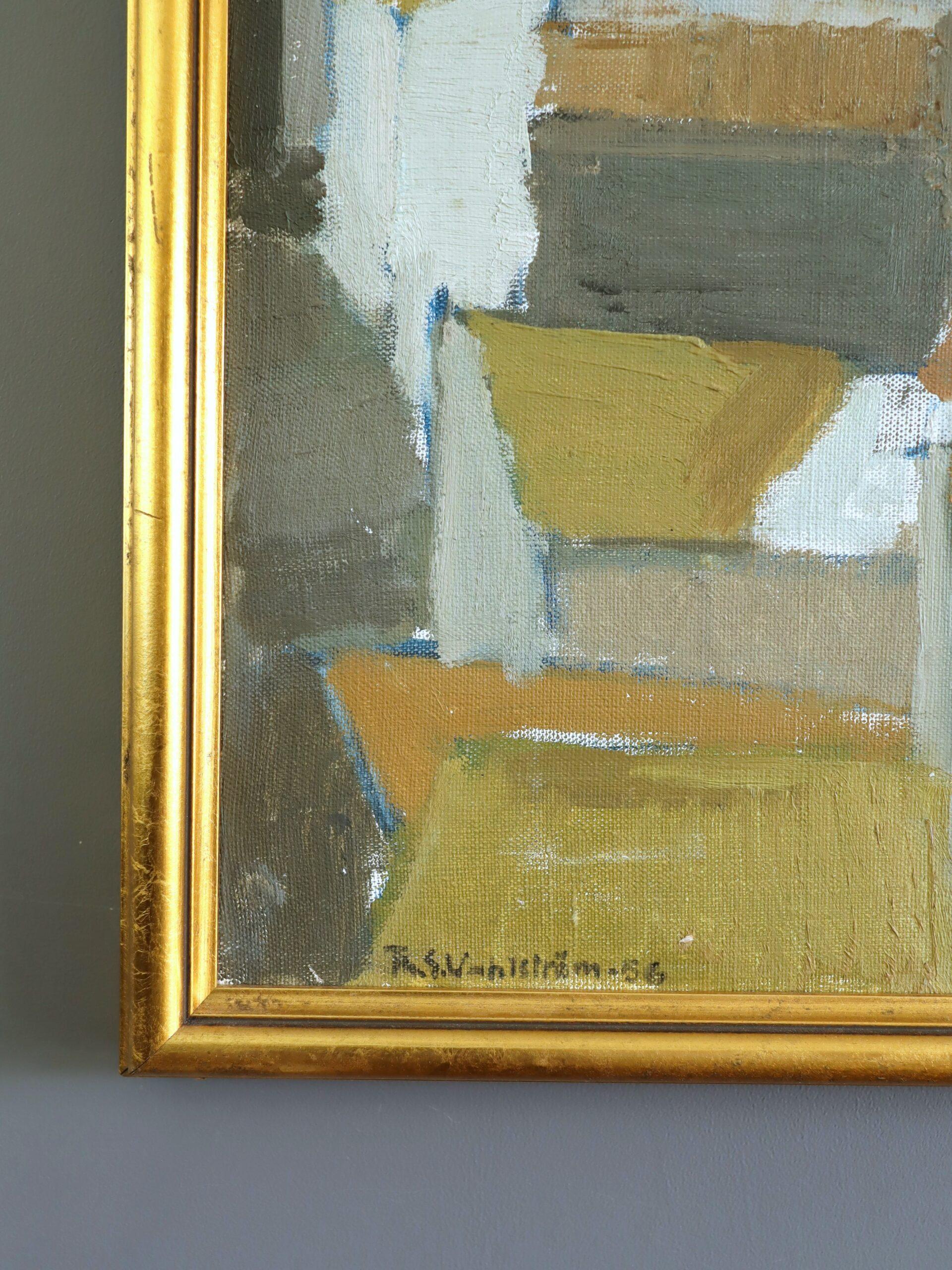 1956 Mid Century Modern Abstrakte Landschaft Ölgemälde - Townes of Cadaques im Angebot 1