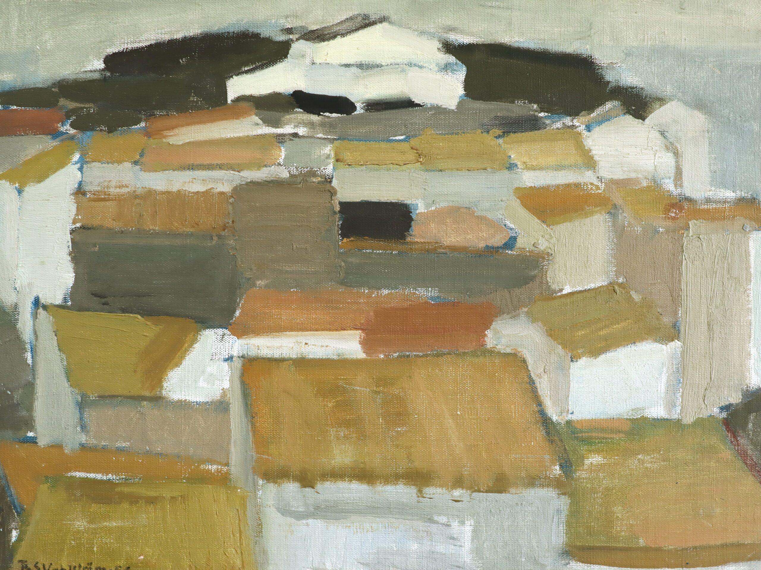 1956 Mid Century Modern Abstrakte Landschaft Ölgemälde - Townes of Cadaques im Angebot 3