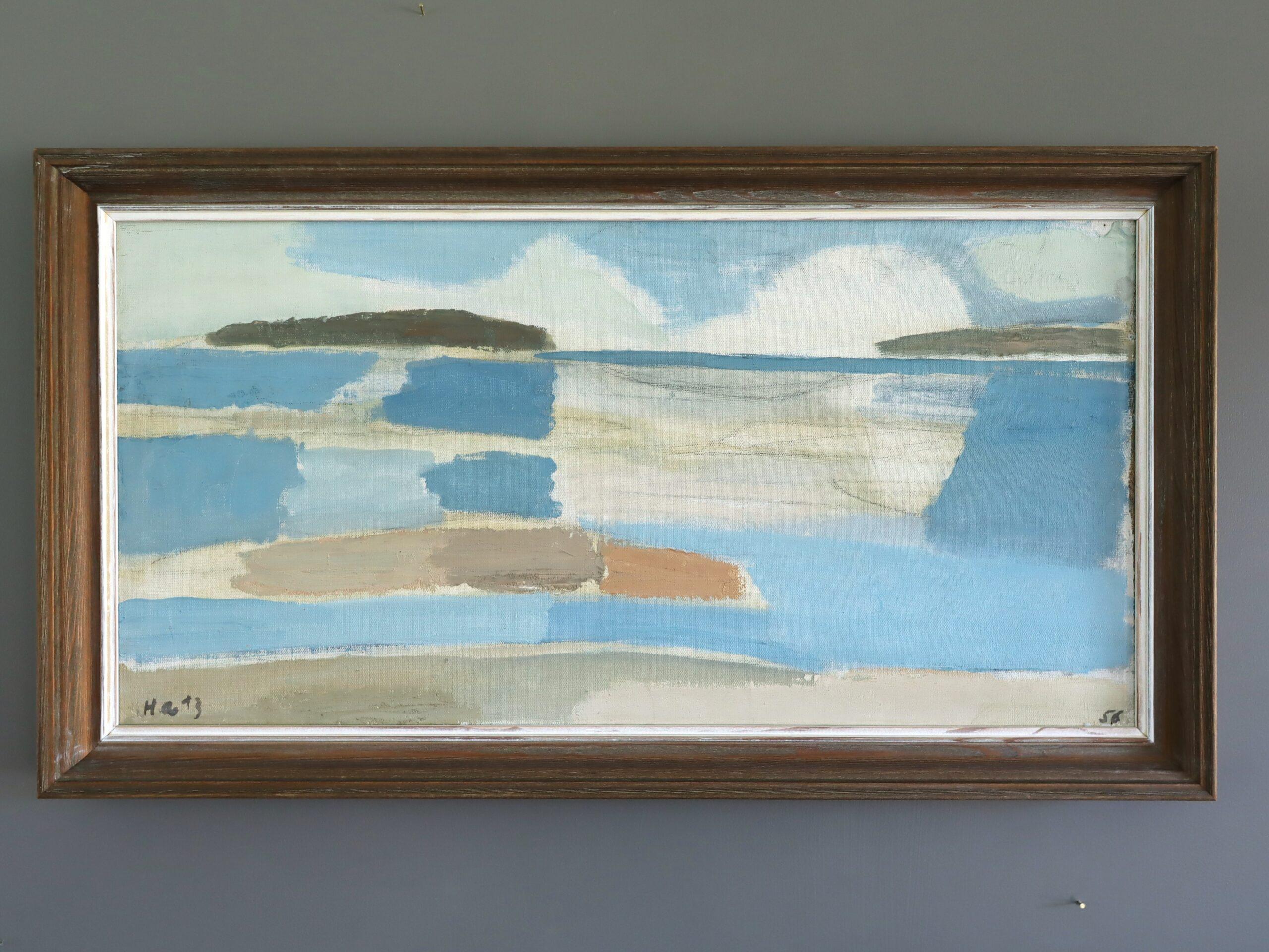 1956 Mid Century Modern Semi-Abstract Landscape Oil Painting - Erinnerung an eine Küste im Angebot 1