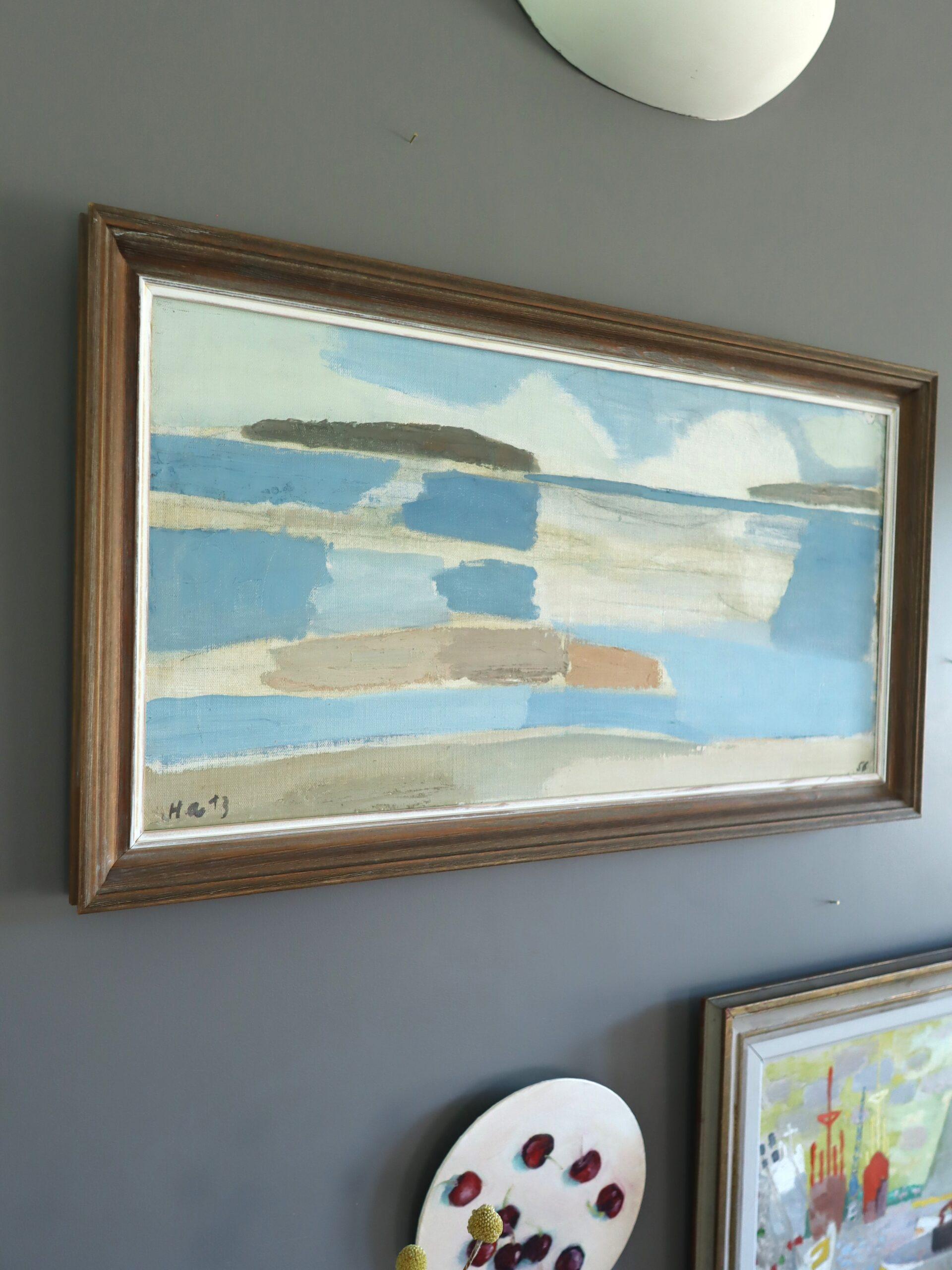 1956 Mid Century Modern Semi-Abstract Landscape Oil Painting - Erinnerung an eine Küste im Angebot 3