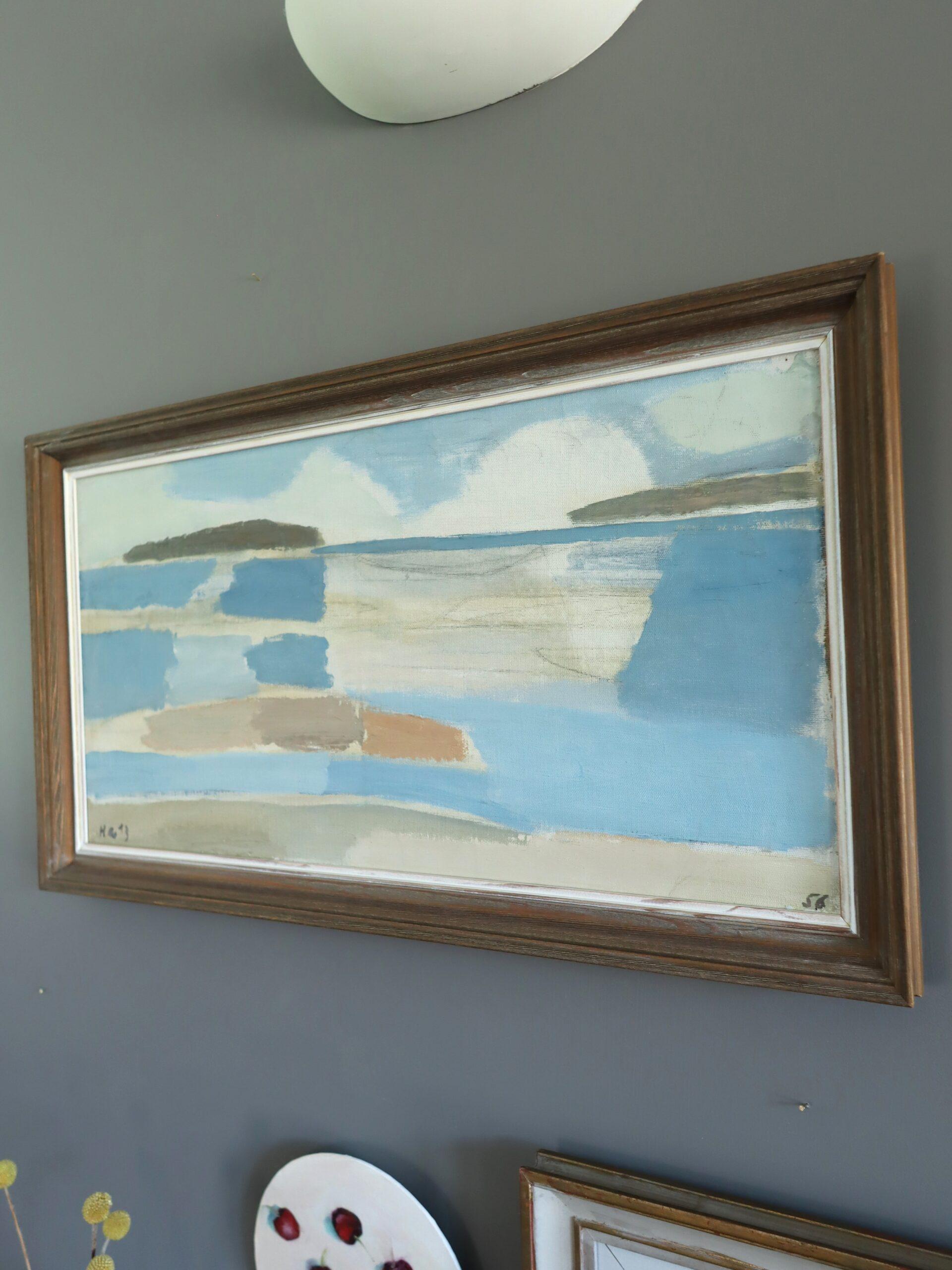 1956 Mid Century Modern Semi-Abstract Landscape Oil Painting - Erinnerung an eine Küste im Angebot 4