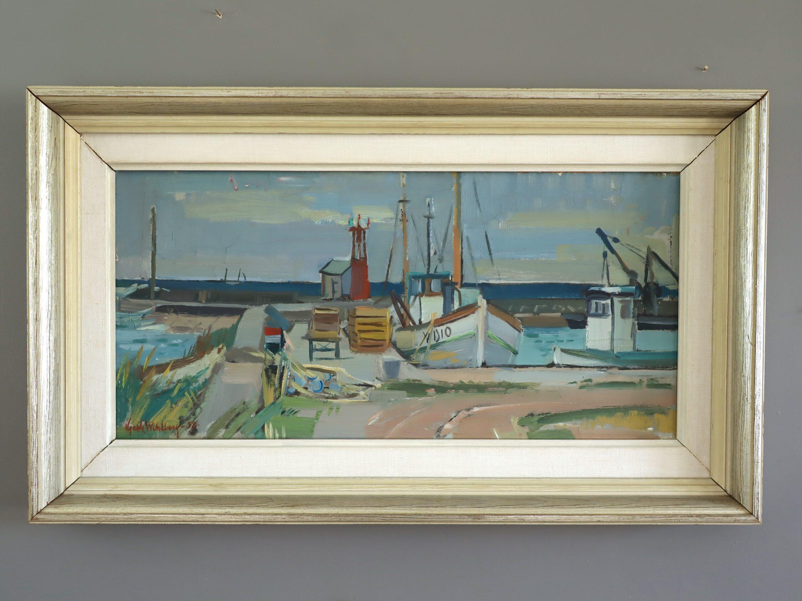 Pittura ad olio del 1956 con paesaggio costiero svedese di metà secolo moderno - Luce del porto - Painting di Unknown