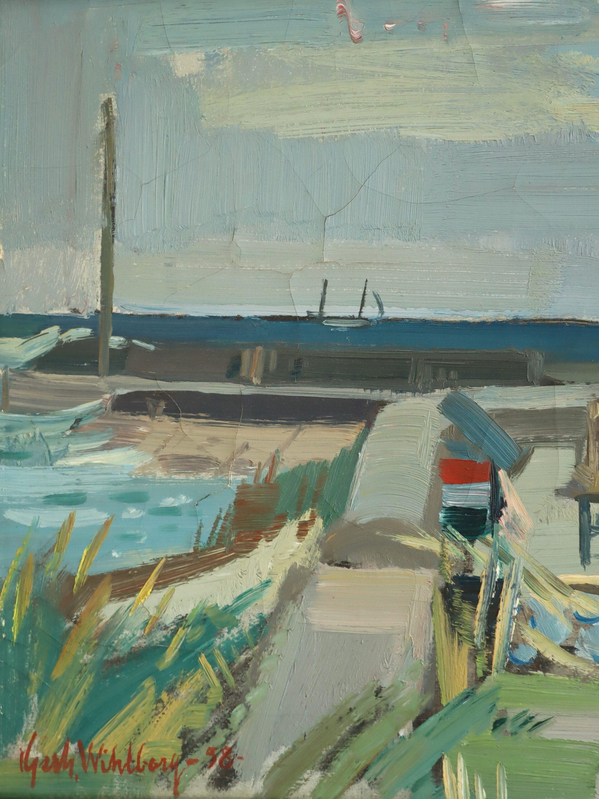Pittura ad olio del 1956 con paesaggio costiero svedese di metà secolo moderno - Luce del porto in vendita 1