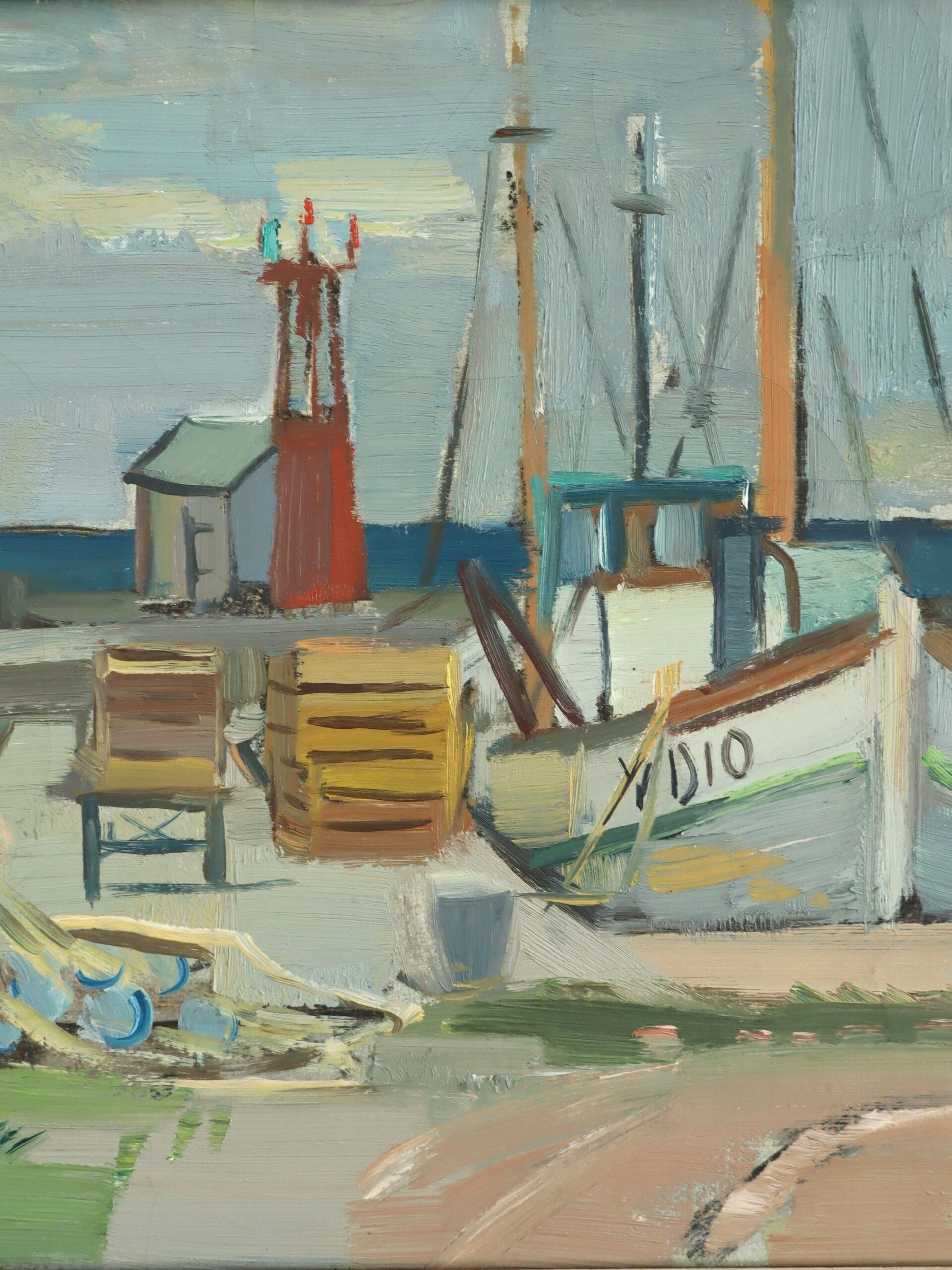 Pittura ad olio del 1956 con paesaggio costiero svedese di metà secolo moderno - Luce del porto in vendita 2