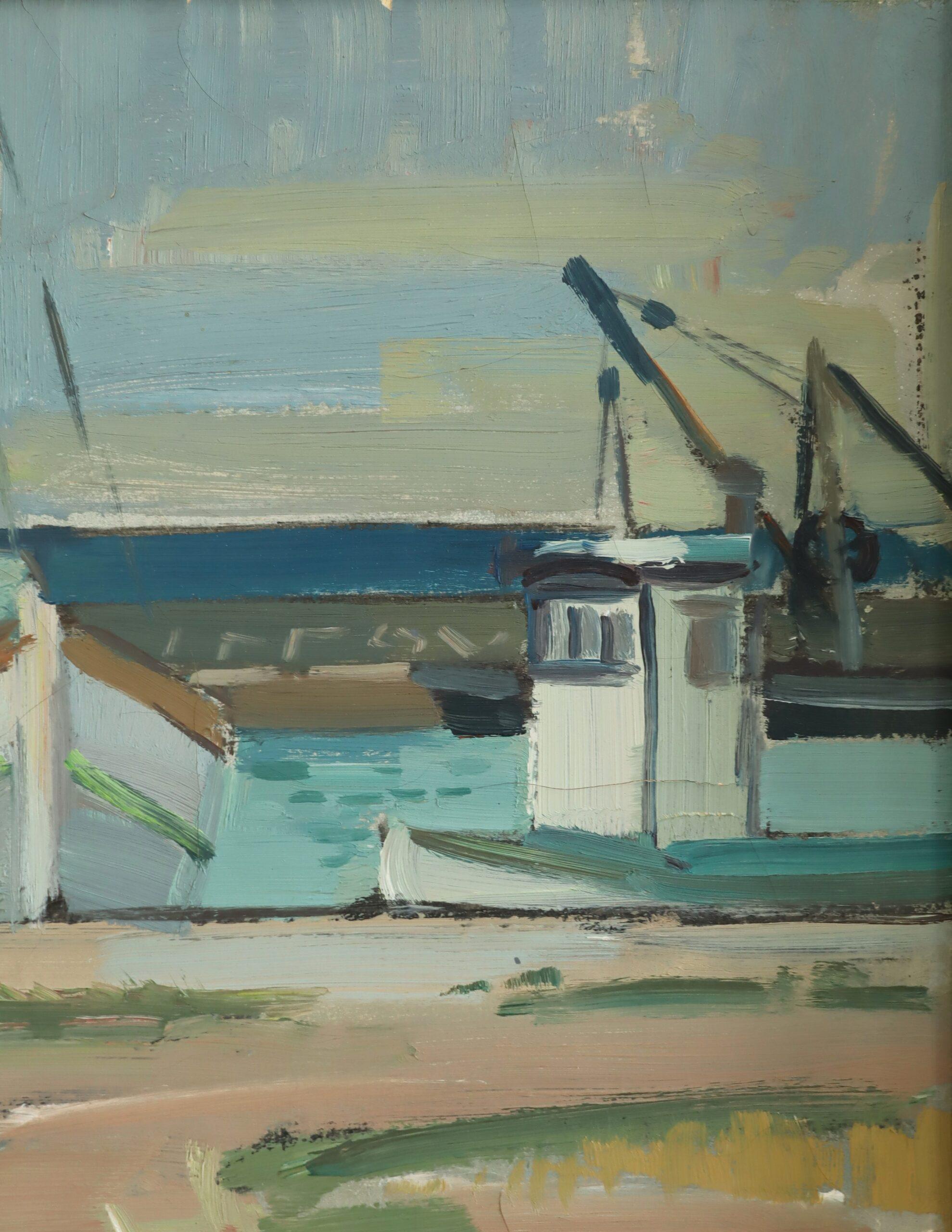 Pittura ad olio del 1956 con paesaggio costiero svedese di metà secolo moderno - Luce del porto in vendita 3