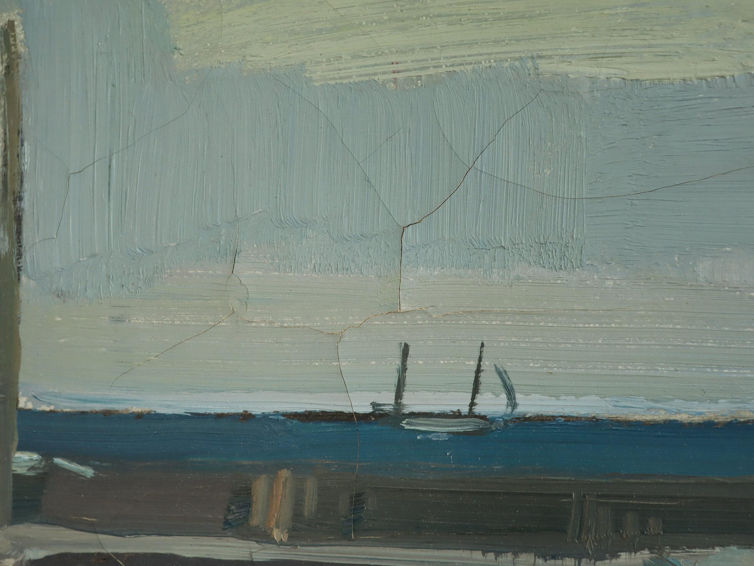 Pittura ad olio del 1956 con paesaggio costiero svedese di metà secolo moderno - Luce del porto in vendita 4
