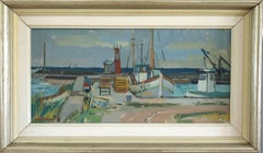 1956 Mid Century Modern Swedish Coastal Landscape Oil Painting - Harbour Light