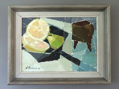 1956 Mid Century Modern Swedish Cubist Still Life Oil Painting - Sliced Lemons