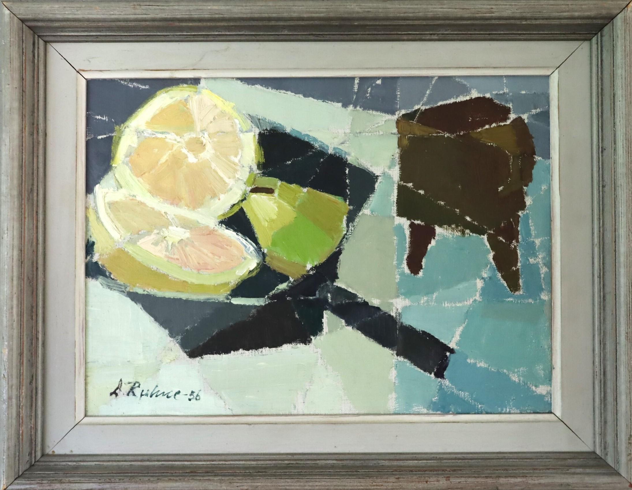 Still-Life Painting Unknown - 1956 Mid Century Modern Swedish Cubist Still Life Oil Painting - Sliced Lemons
