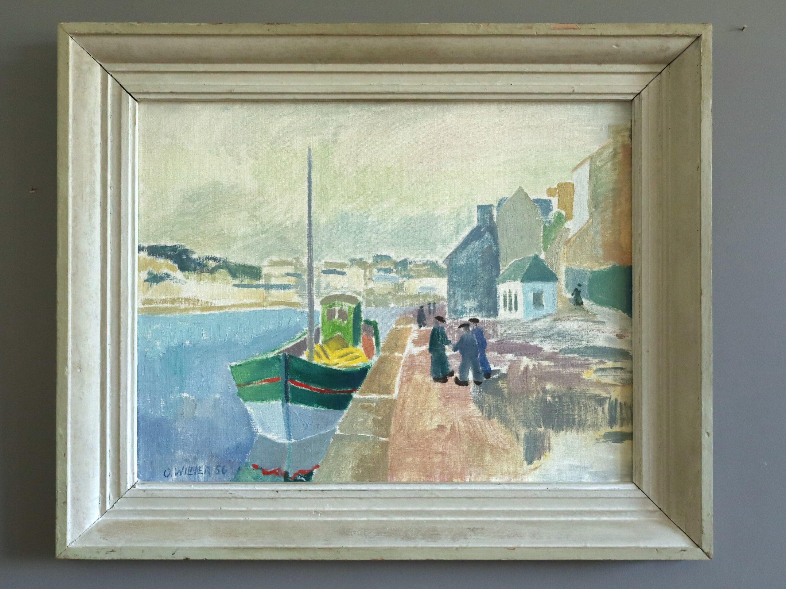 1956 Mid Century Modern Schwedisch Ausdrucksstarkes Ölgemälde - Gespräch am Kai – Painting von Unknown