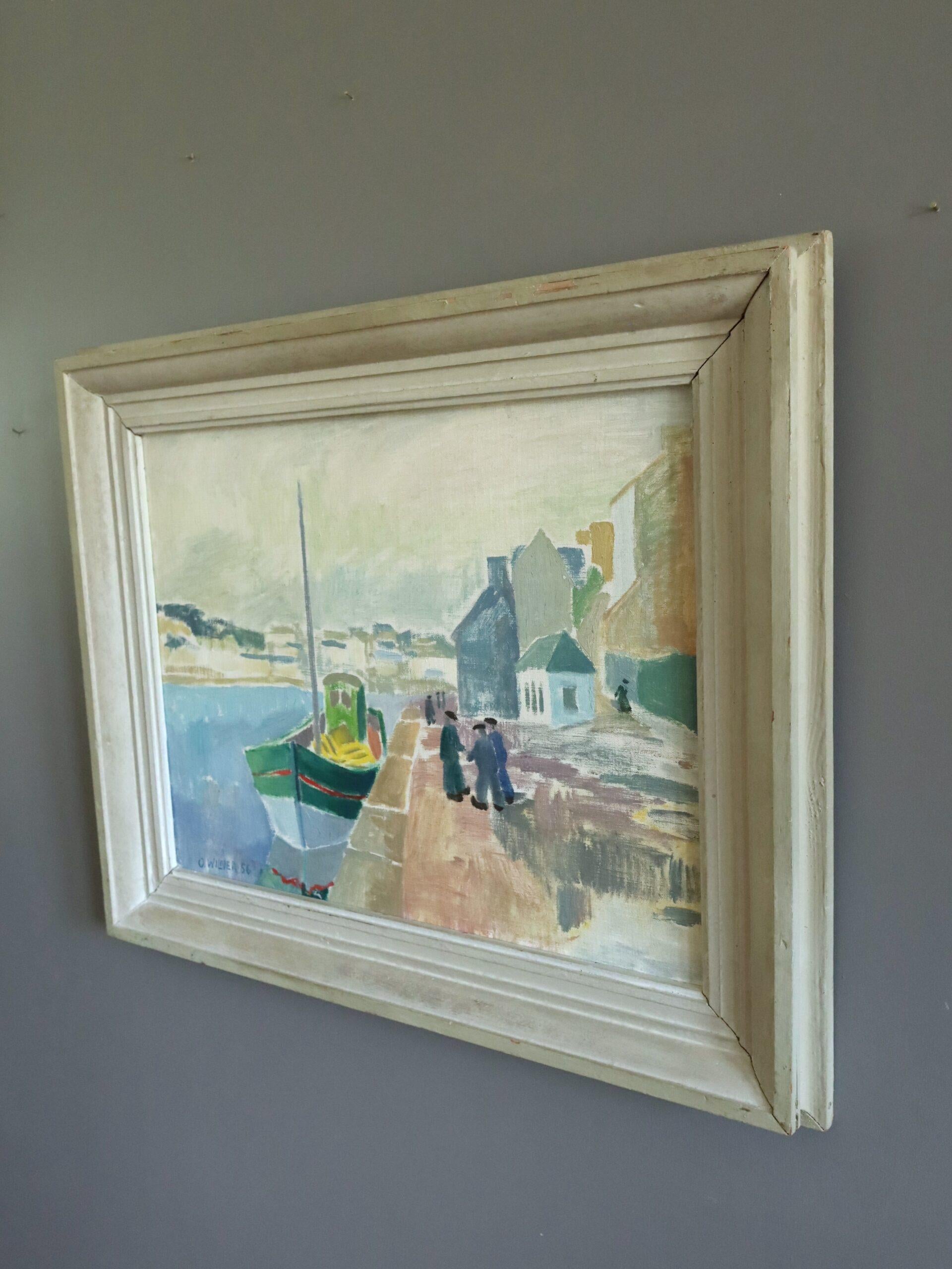 1956 Mid Century Modern Schwedisch Ausdrucksstarkes Ölgemälde - Gespräch am Kai (Grau), Landscape Painting, von Unknown