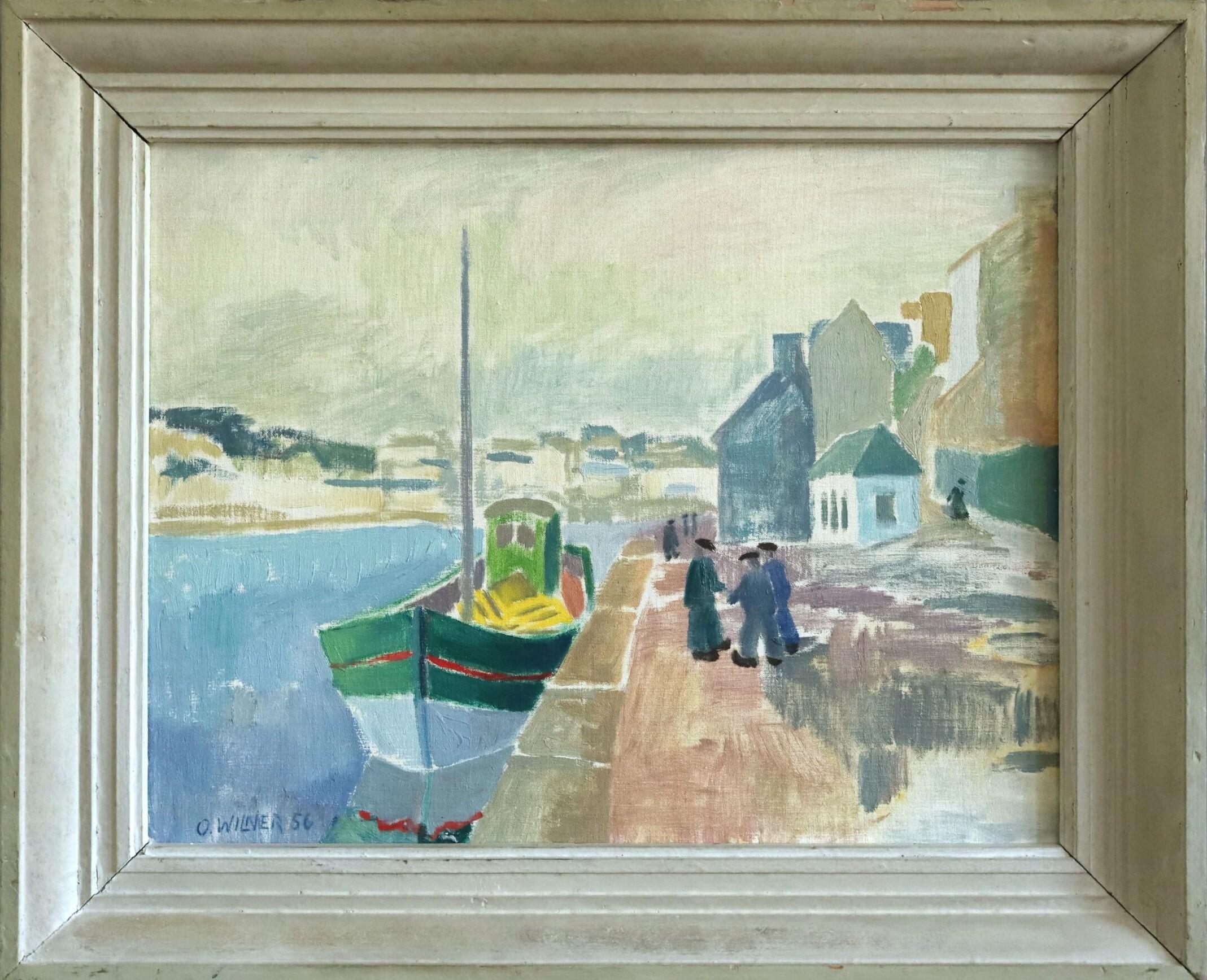 Unknown Landscape Painting – 1956 Mid Century Modern Schwedisch Ausdrucksstarkes Ölgemälde - Gespräch am Kai