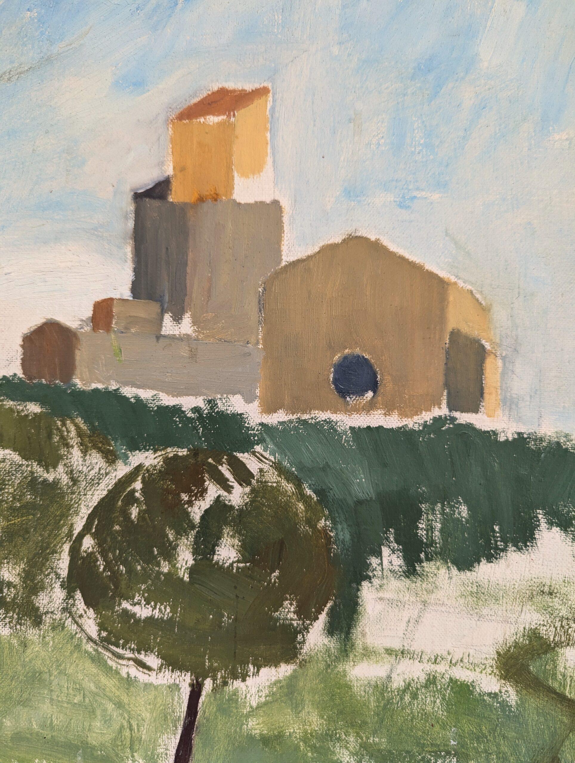 1956 Mid-Century Modern Town Landscape Framed Oil Painting - Sant Pol de Mar For Sale 7