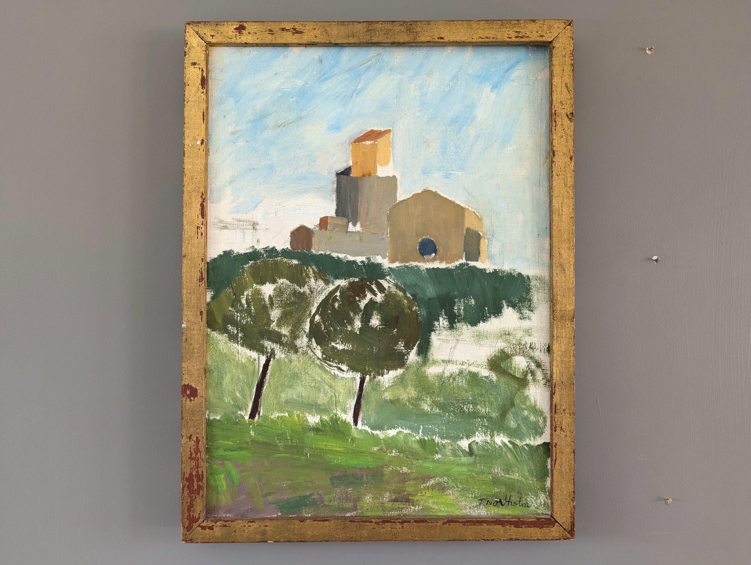 1956 Mid-Century Modern Town Landscape Framed Oil Painting - Sant Pol de Mar - Brown Landscape Painting by Unknown