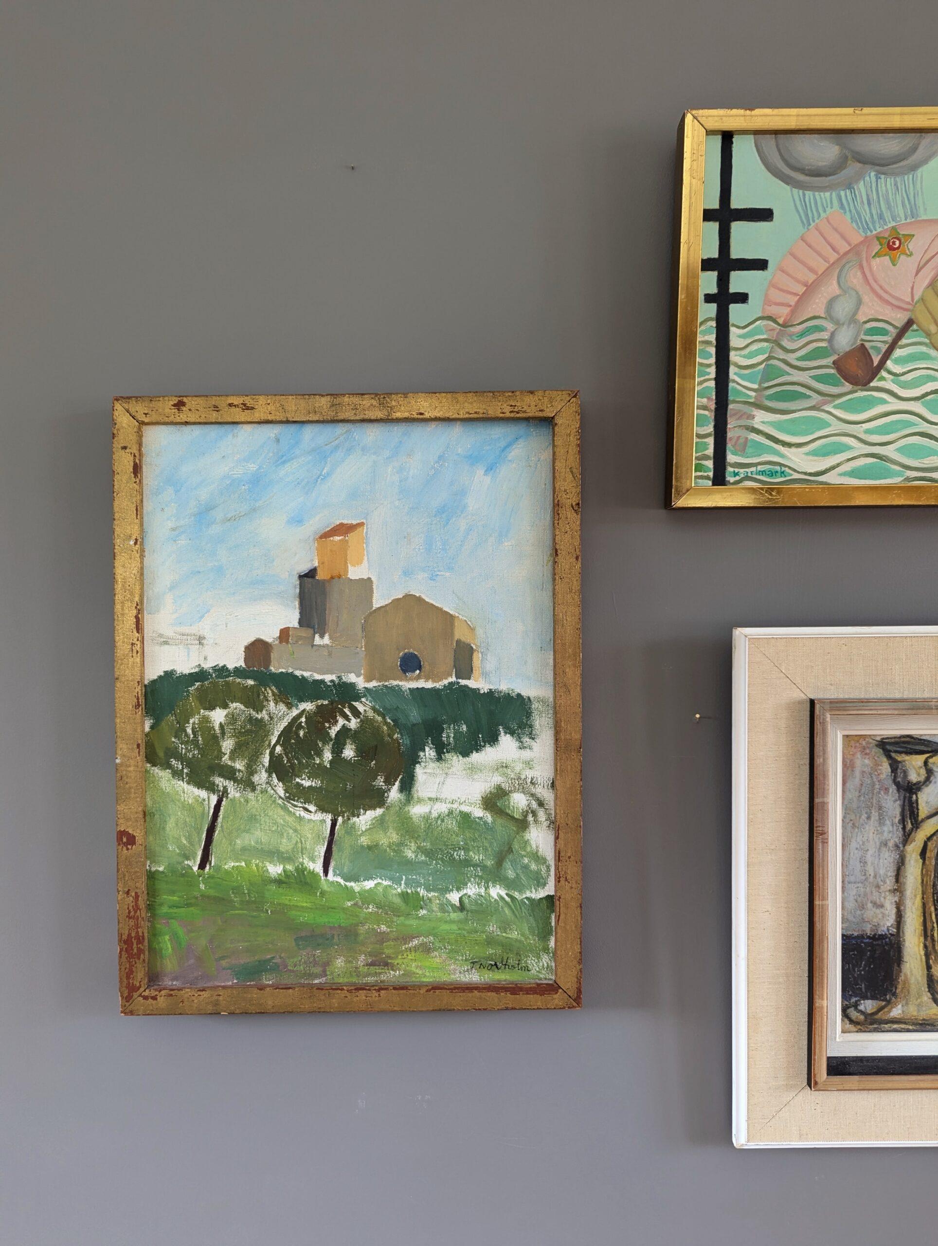 1956 Mid-Century Modern Town Landscape Framed Oil Painting - Sant Pol de Mar For Sale 1