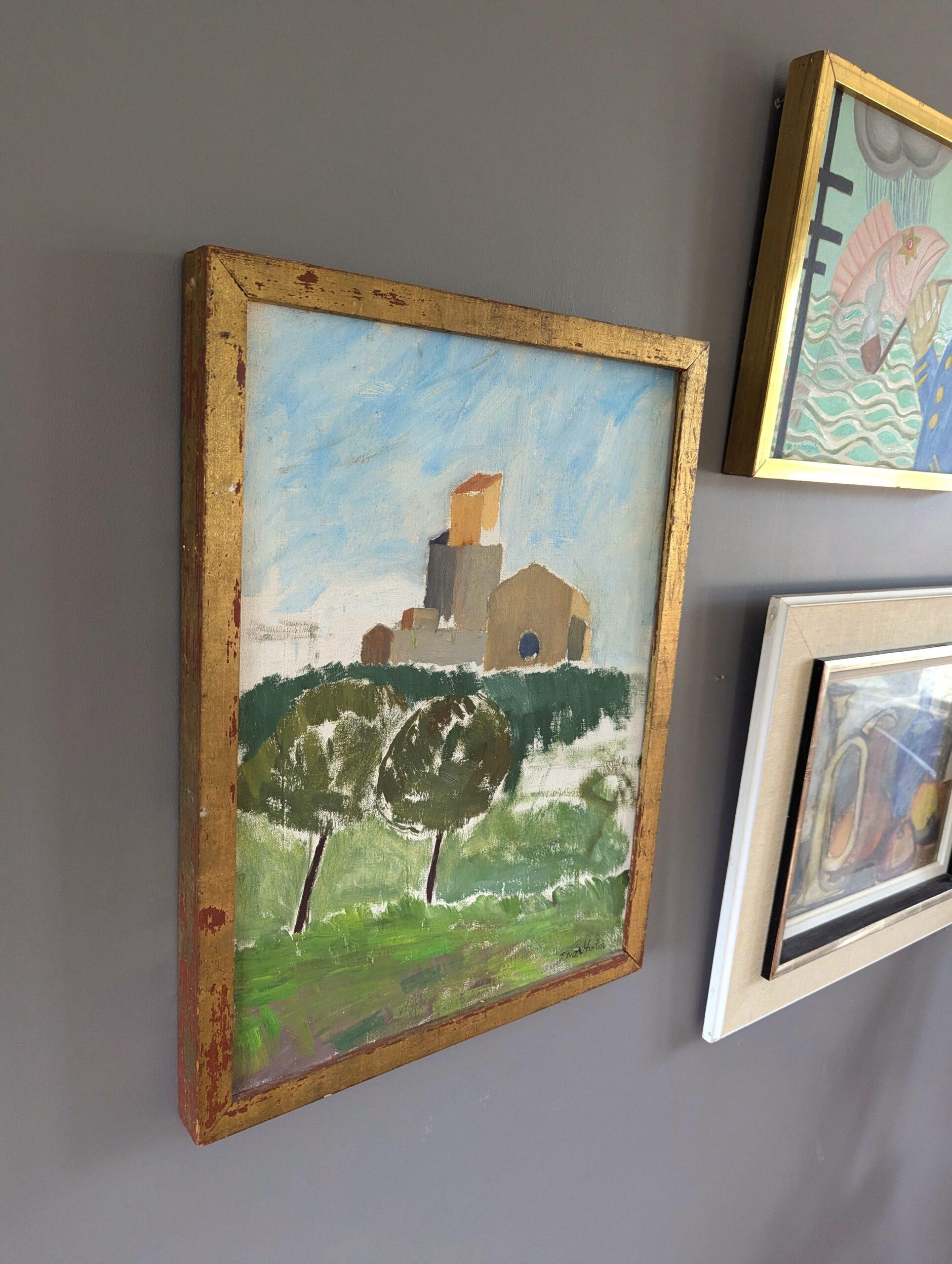 1956 Mid-Century Modern Town Landscape Framed Oil Painting - Sant Pol de Mar For Sale 2