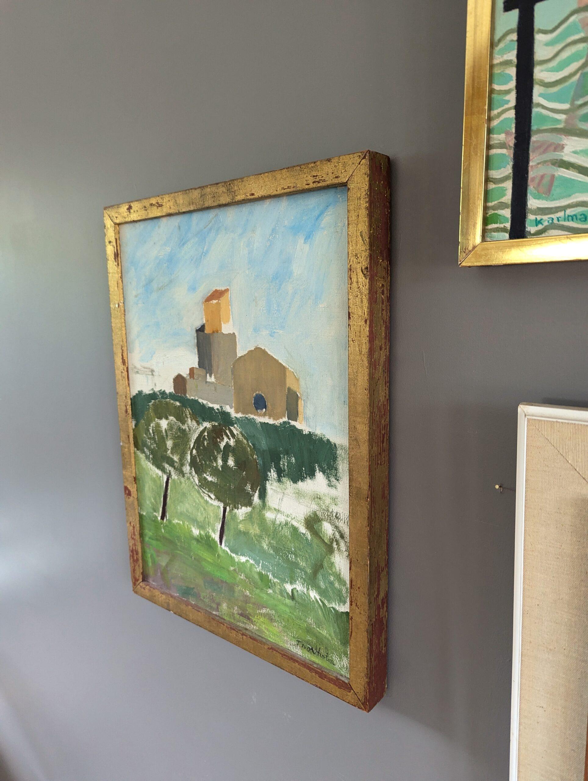 1956 Mid-Century Modern Town Landscape Framed Oil Painting - Sant Pol de Mar For Sale 3