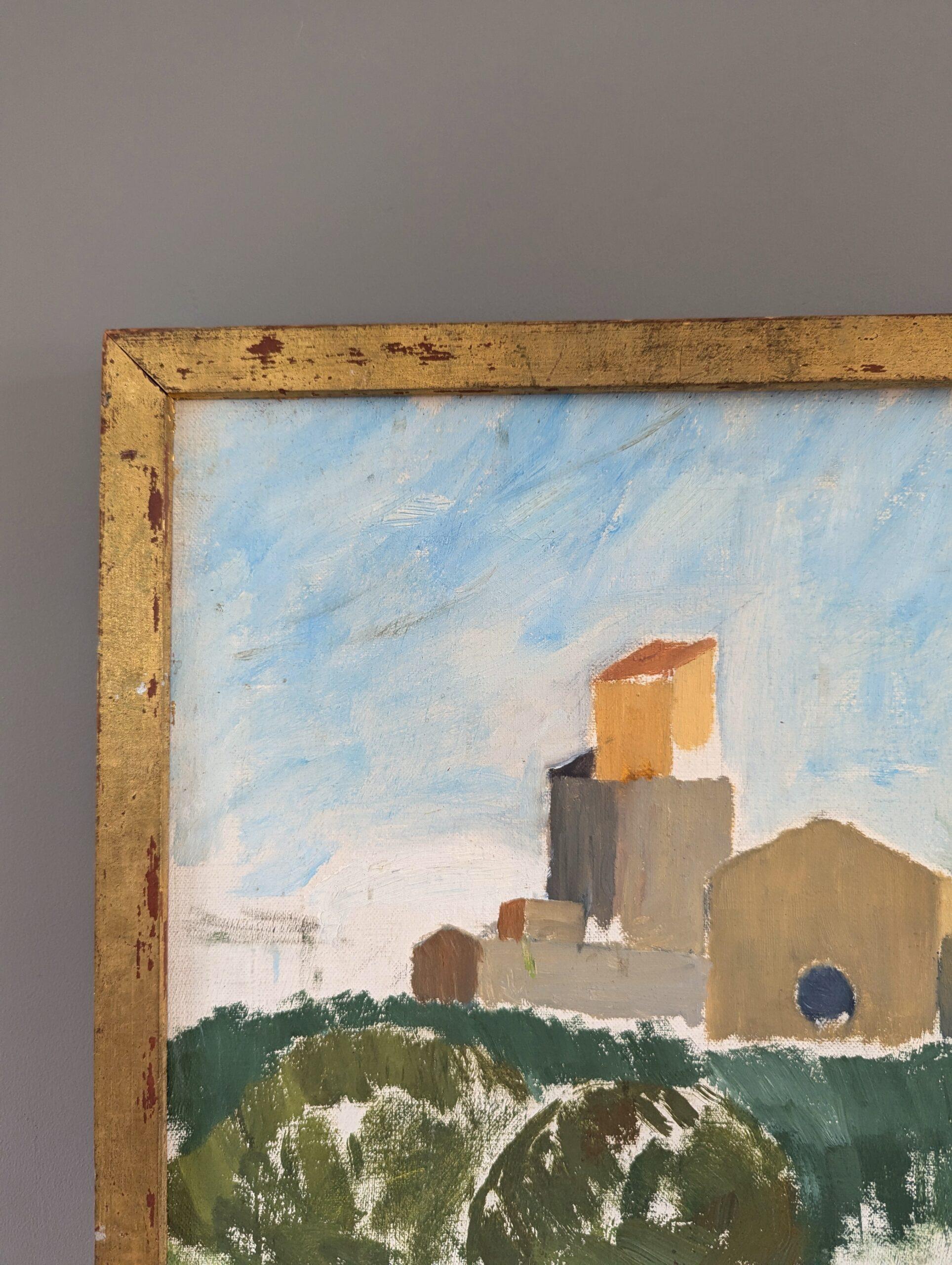 1956 Mid-Century Modern Town Landscape Framed Oil Painting - Sant Pol de Mar For Sale 4
