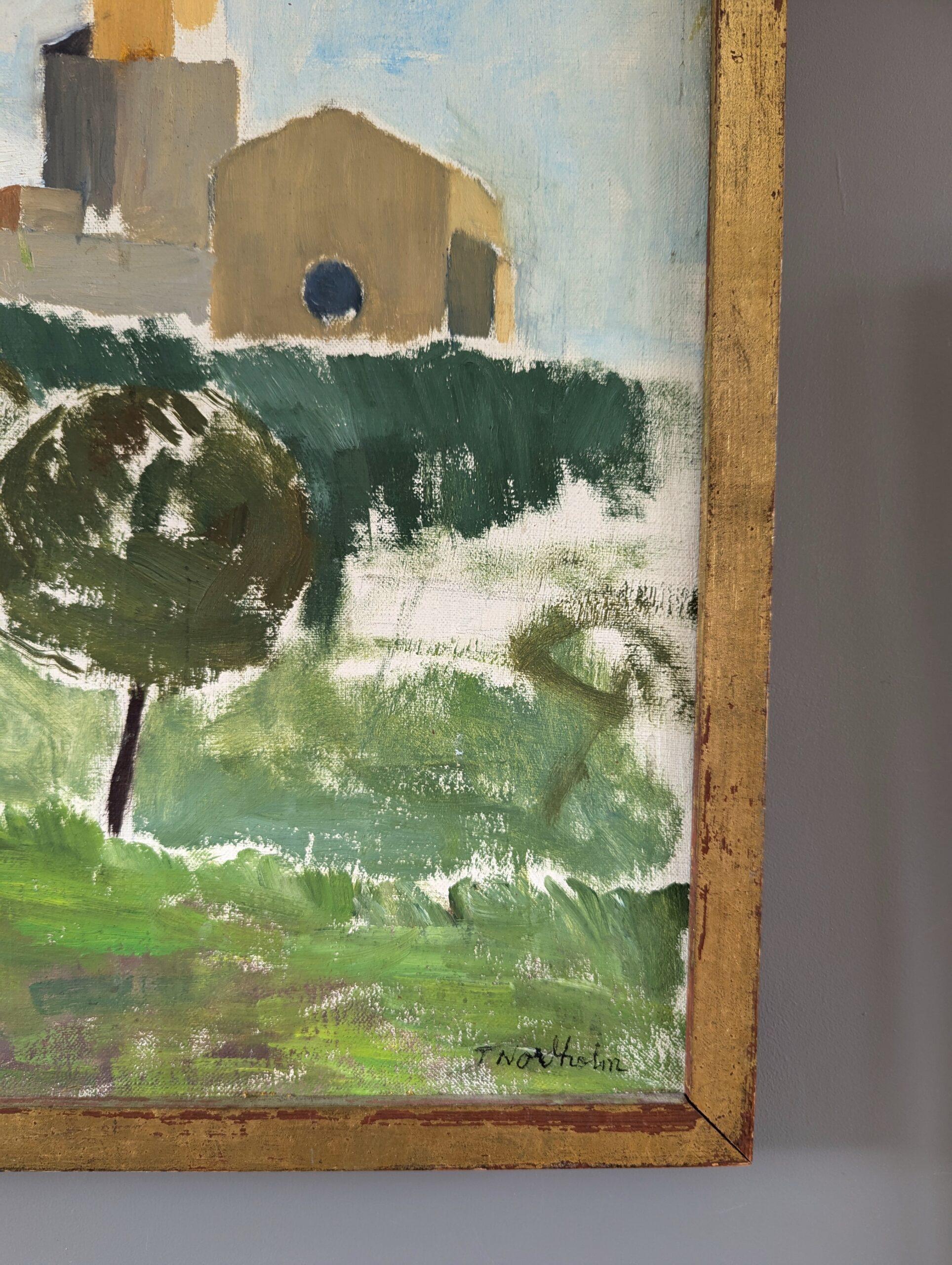 1956 Mid-Century Modern Town Landscape Framed Oil Painting - Sant Pol de Mar For Sale 5