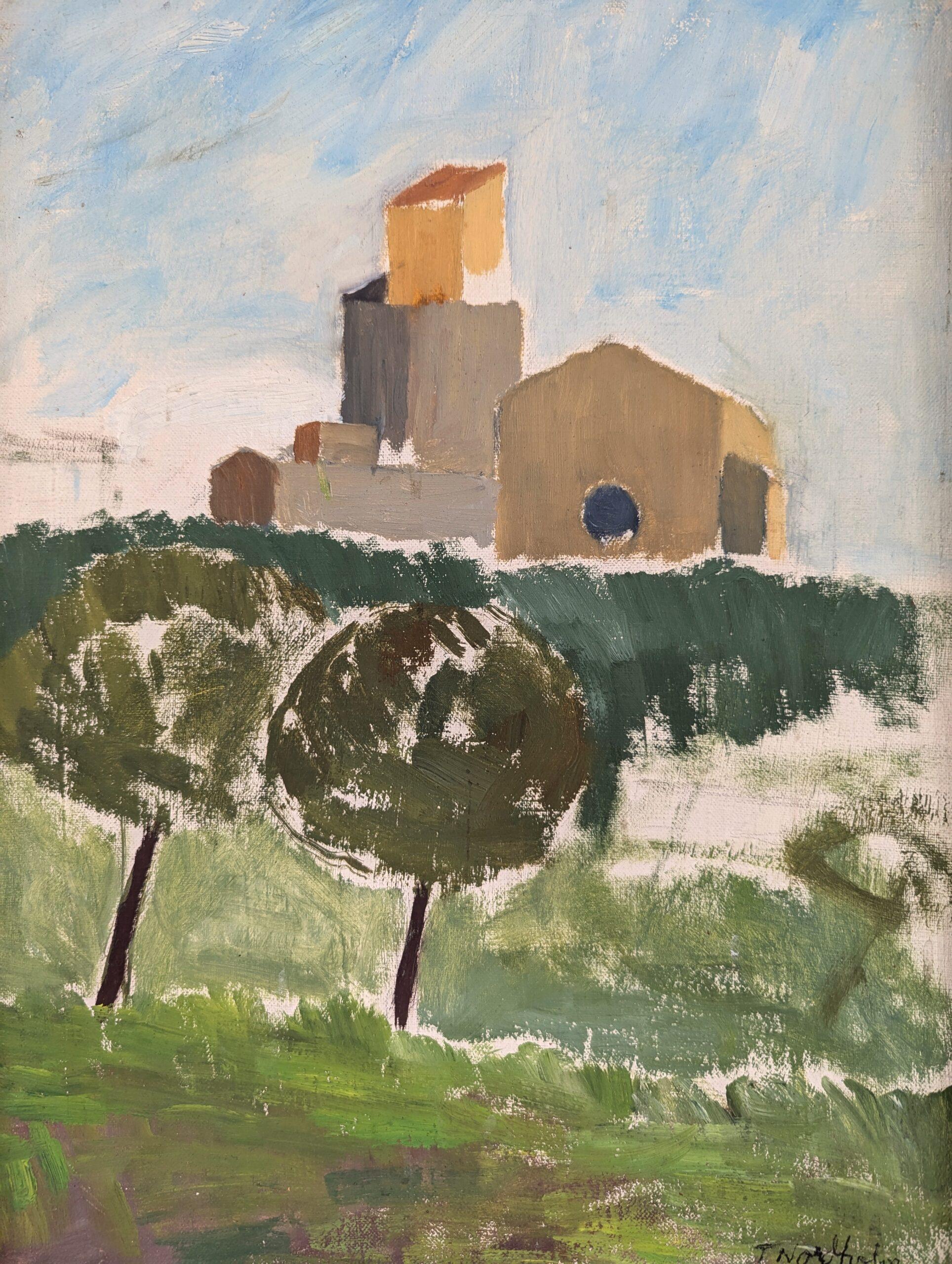 1956 Mid-Century Modern Town Landscape Framed Oil Painting - Sant Pol de Mar For Sale 6