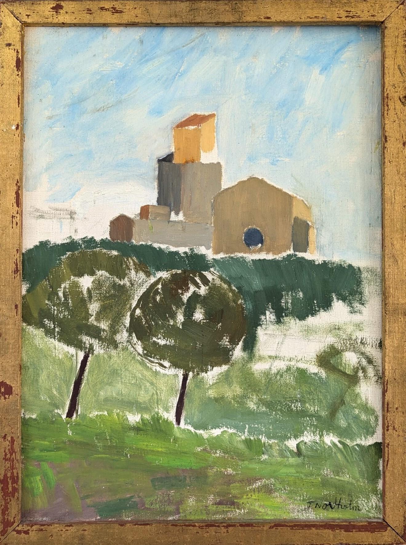 Unknown Landscape Painting - 1956 Mid-Century Modern Town Landscape Framed Oil Painting - Sant Pol de Mar