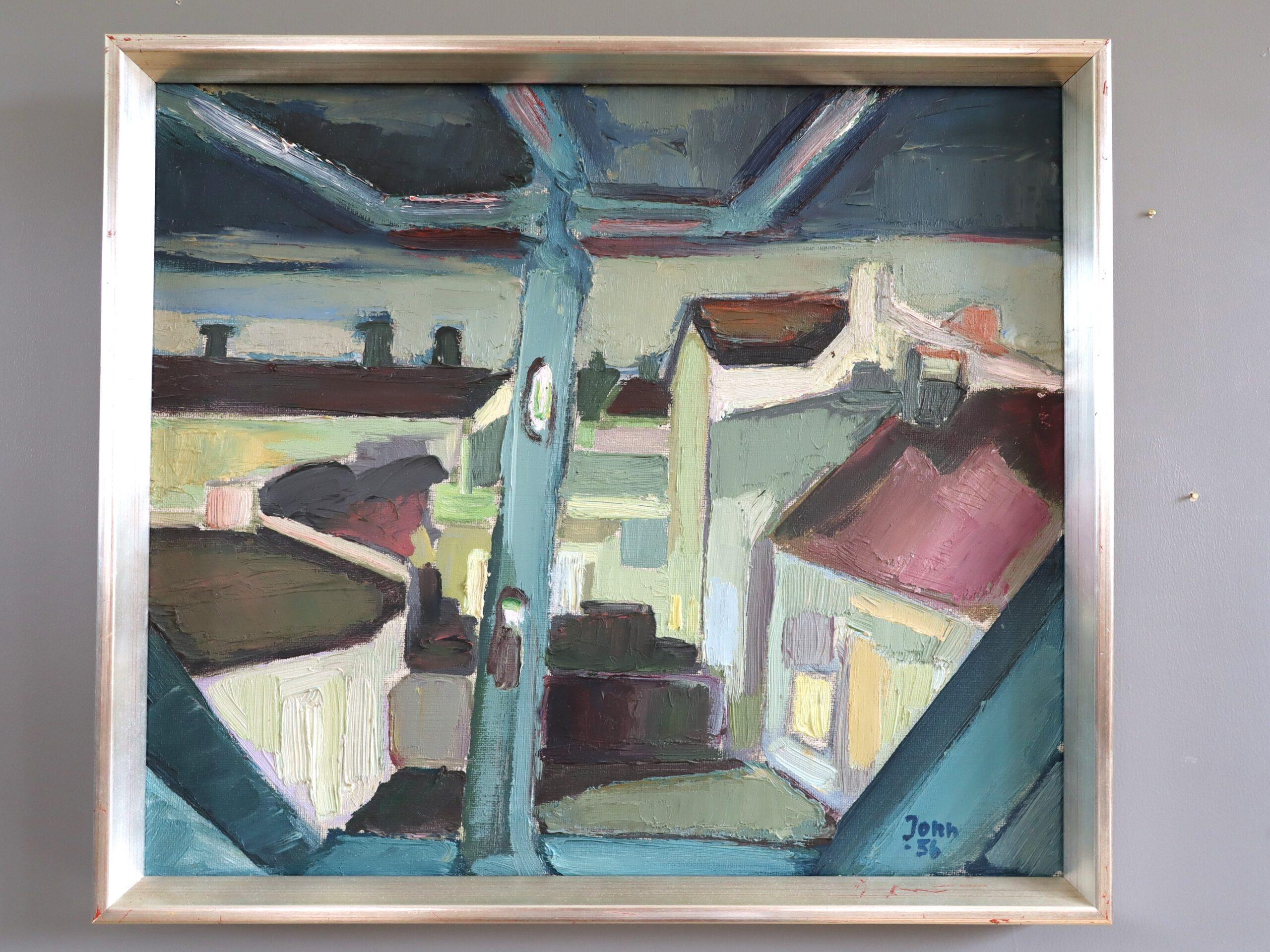 1956 Mid Century Modern Vintage Abstrakte Landschaft Ölgemälde -Structural View – Painting von Unknown