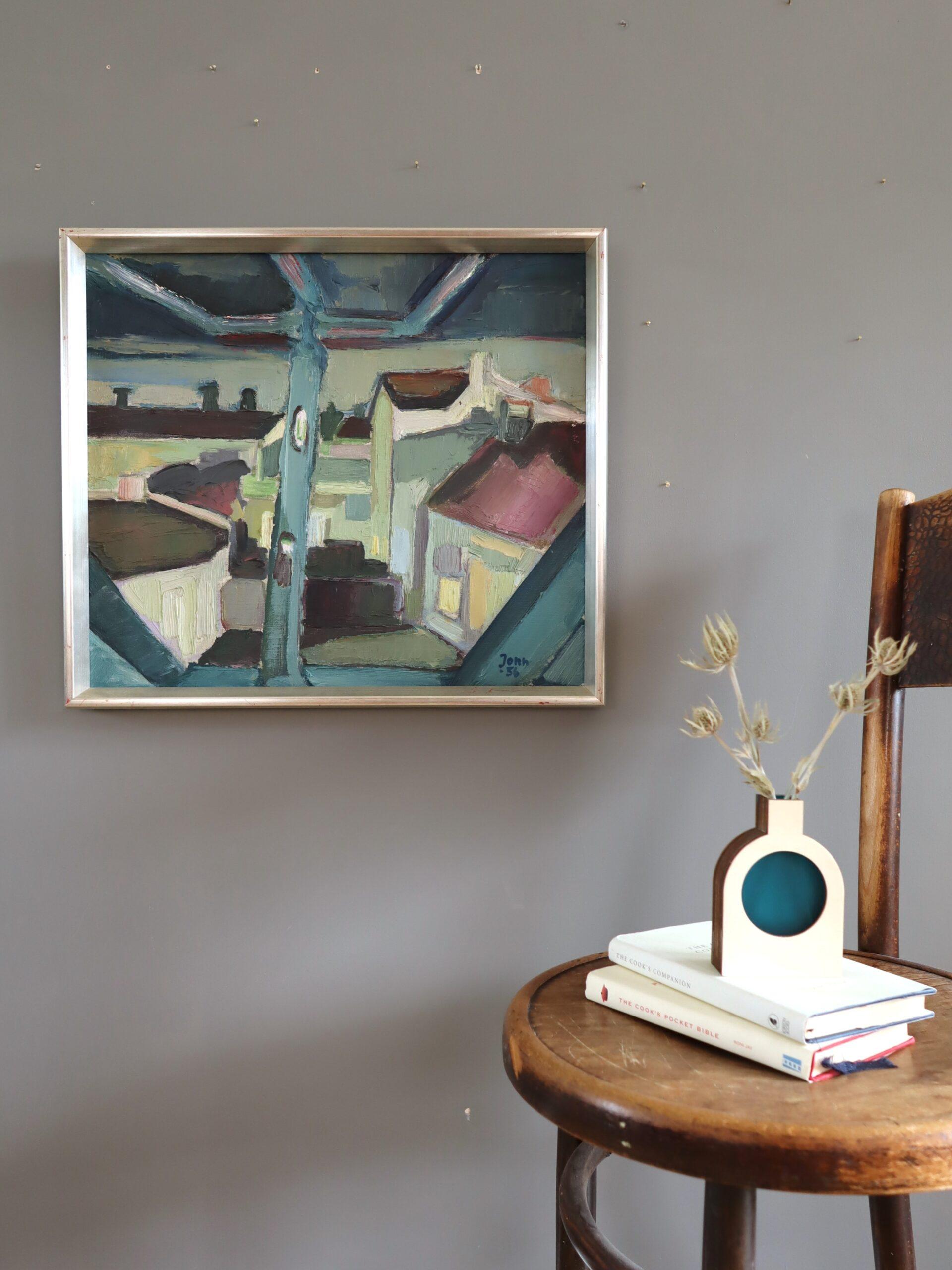 1956 Mid Century Modern Vintage Abstrakte Landschaft Ölgemälde -Structural View (Moderne), Painting, von Unknown
