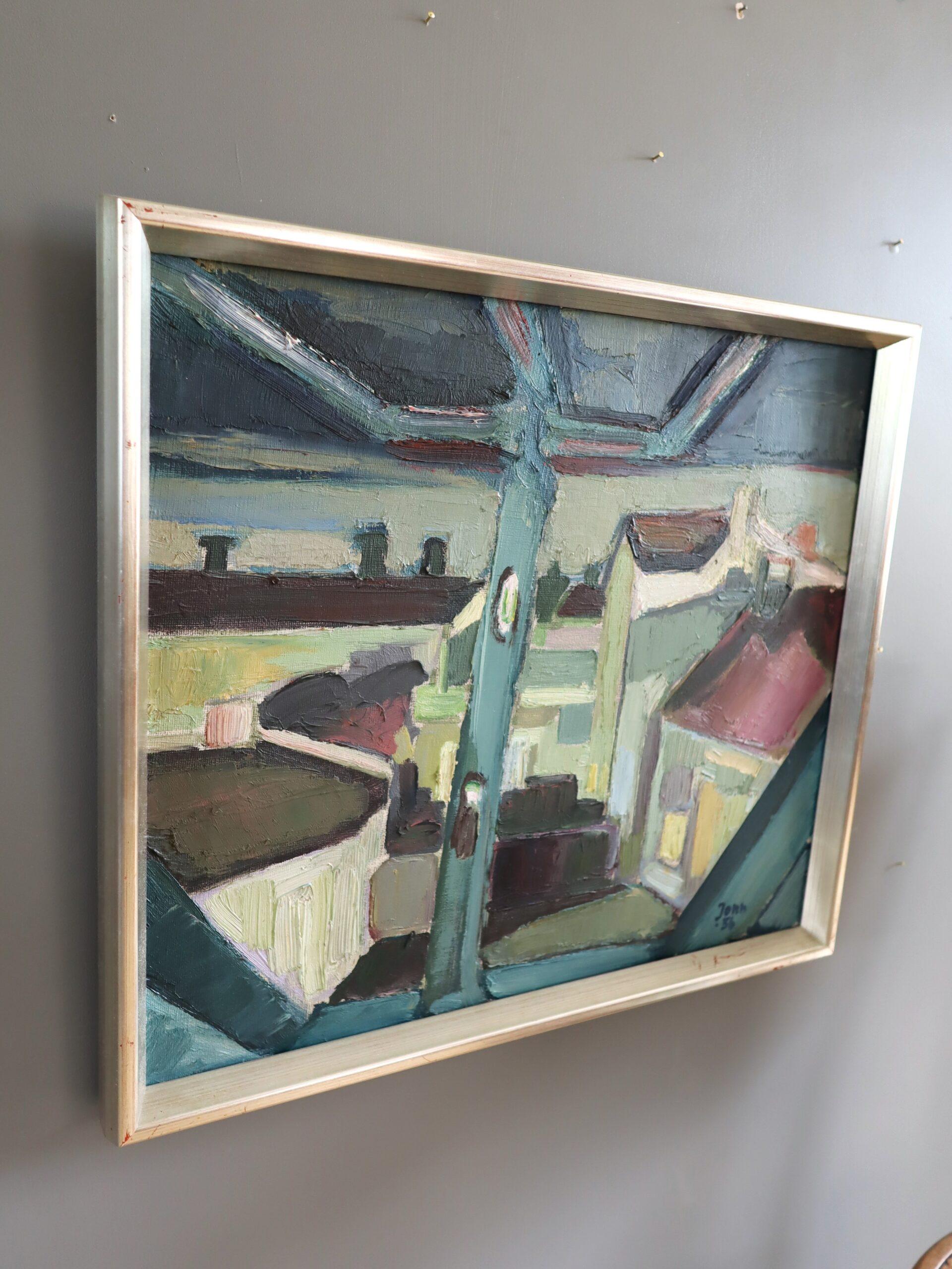 1956 Mid Century Modern Vintage Abstrakte Landschaft Ölgemälde -Structural View (Grau), Landscape Painting, von Unknown