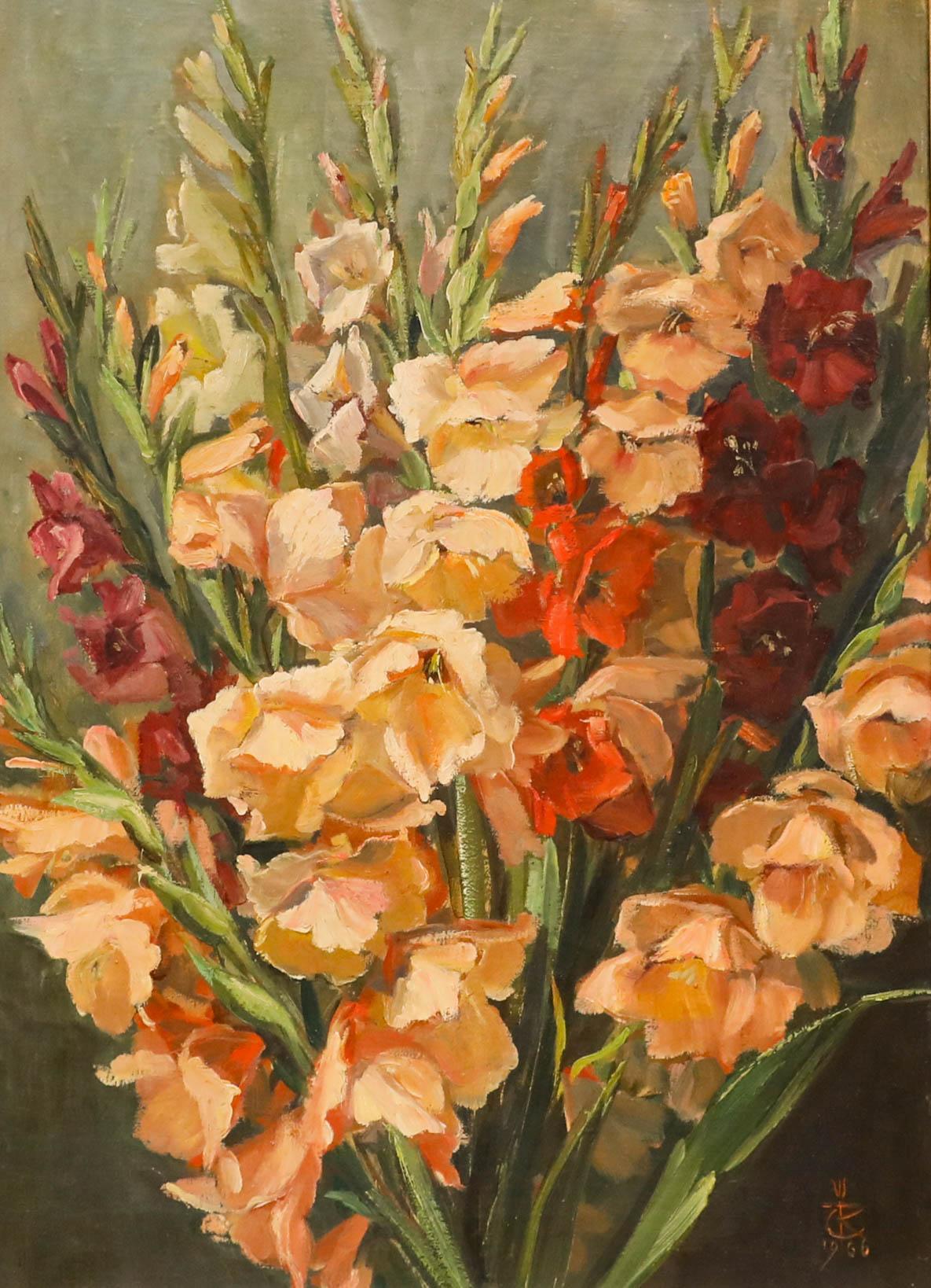 1956 Öl - Rosa Gladiolen – Painting von Unknown
