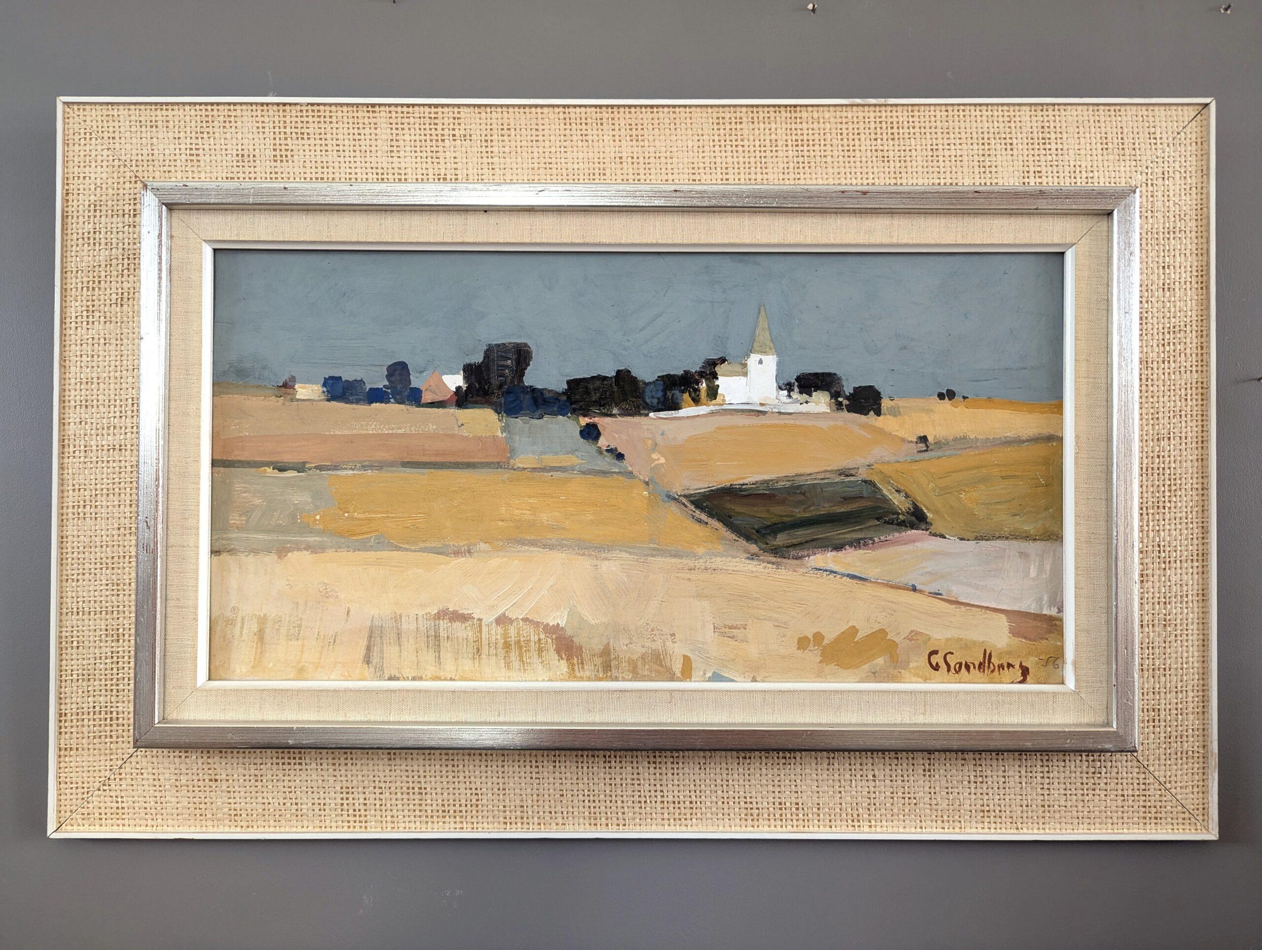 1956 Vintage Mid-Century Modern Abstract Landscape Oil Painting - Golden Plains - Beige Landscape Painting by Unknown